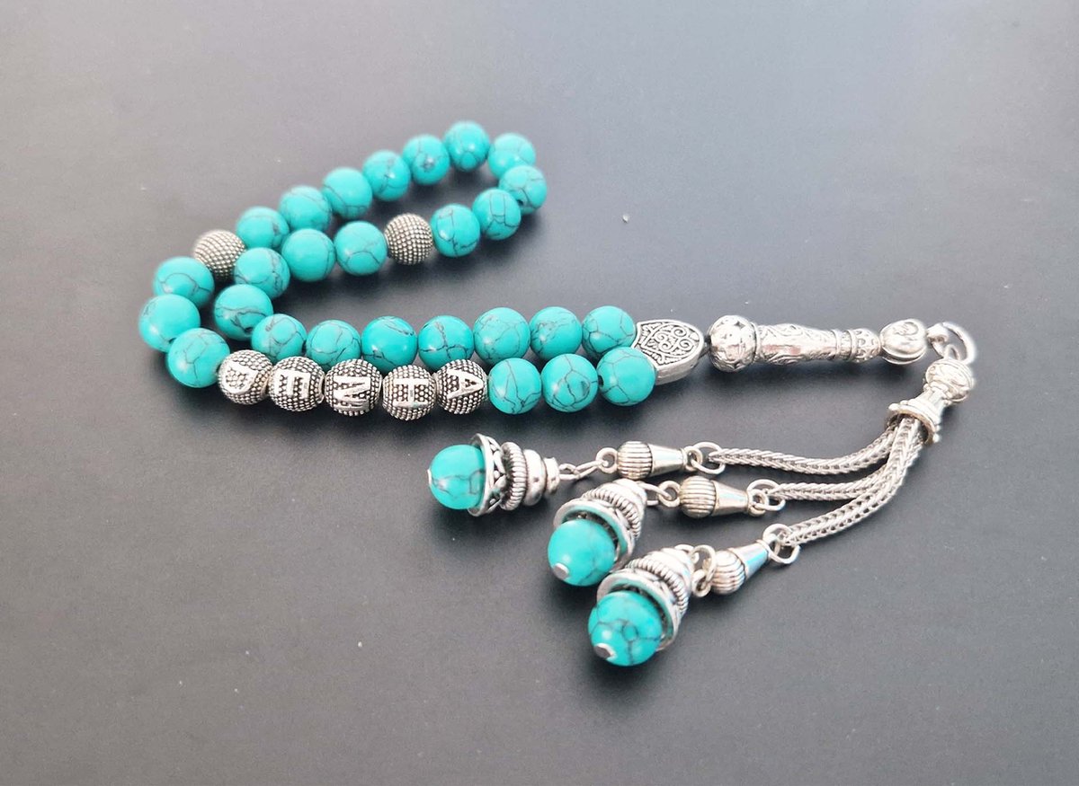 Handgemaakte naam tasbih 33 Kralen Natuursteen “Howliet groen ” - met metaal tassel “Klokken