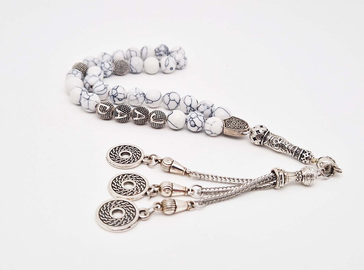 Handgemaakte naam tasbih 33 Kralen Natuursteen “Howlite Wit ” - met metaal tassel “Omarmen