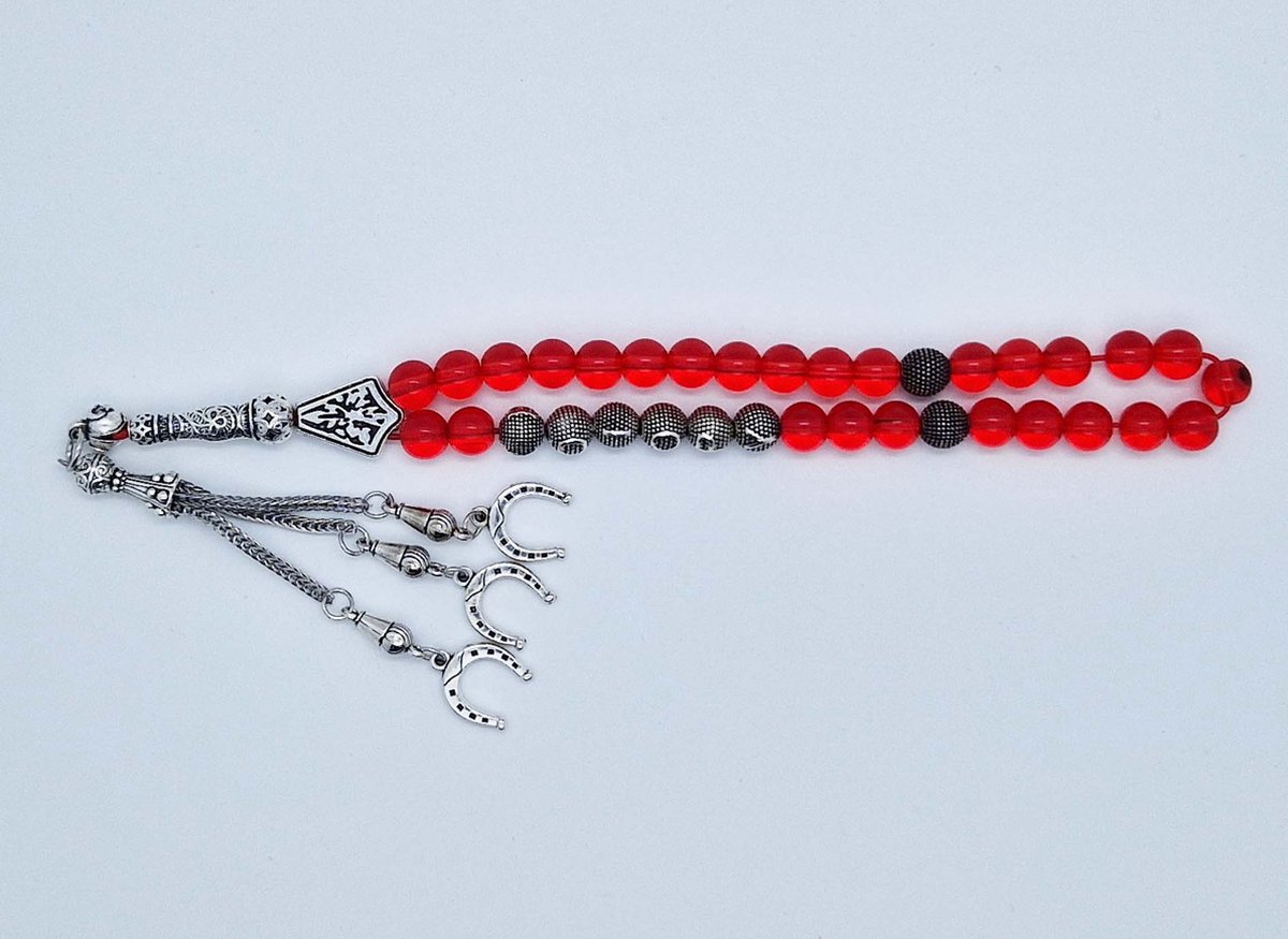 Handgemaakte naam tasbih 33 Kralen Natuursteen “Rode kwarts” - met metaal tassel “Hoefijzer