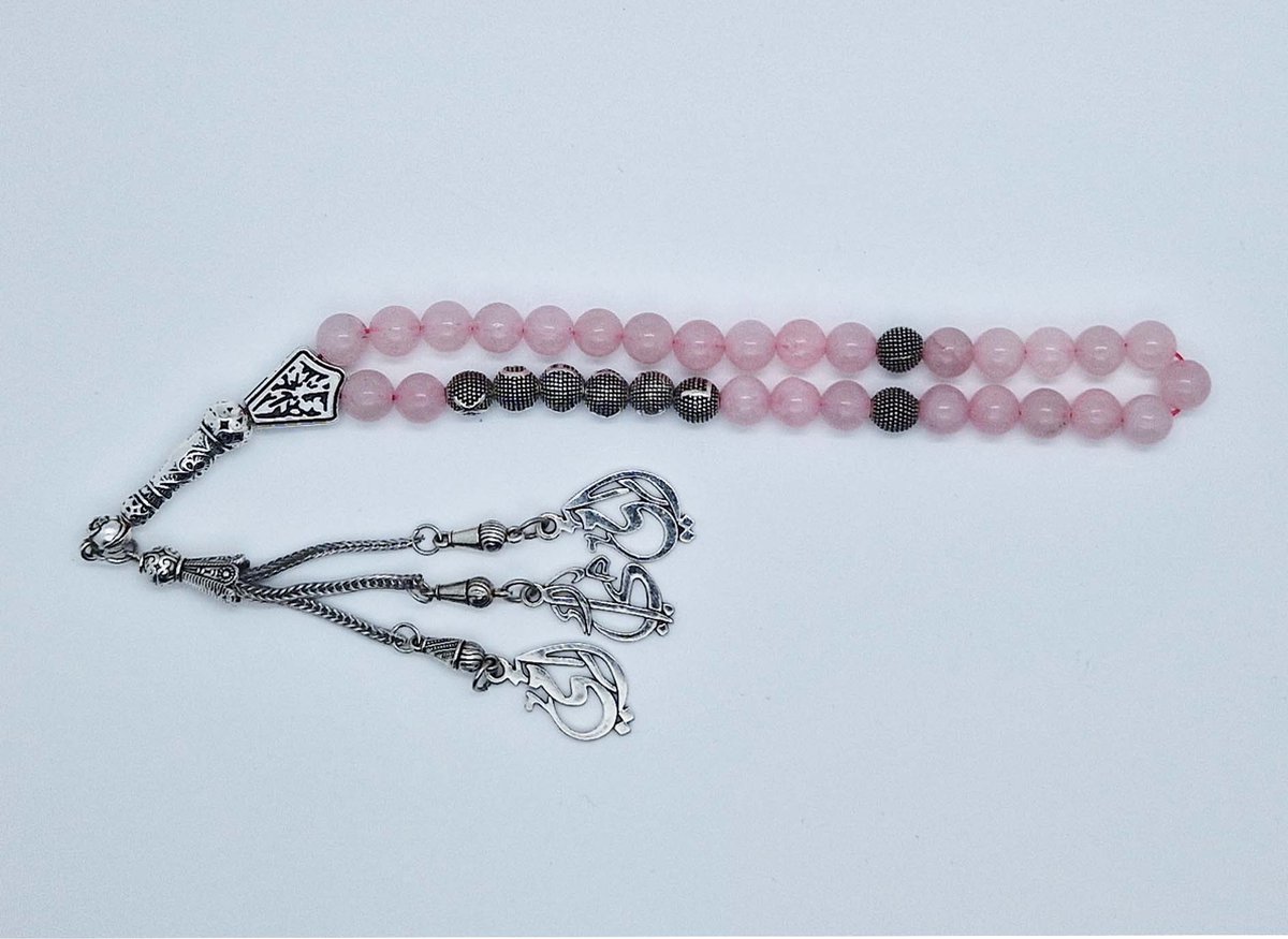 Handgemaakte naam tasbih 33 Kralen Natuursteen “Roze kwartz” - met metaal tassel “Mijn moeder