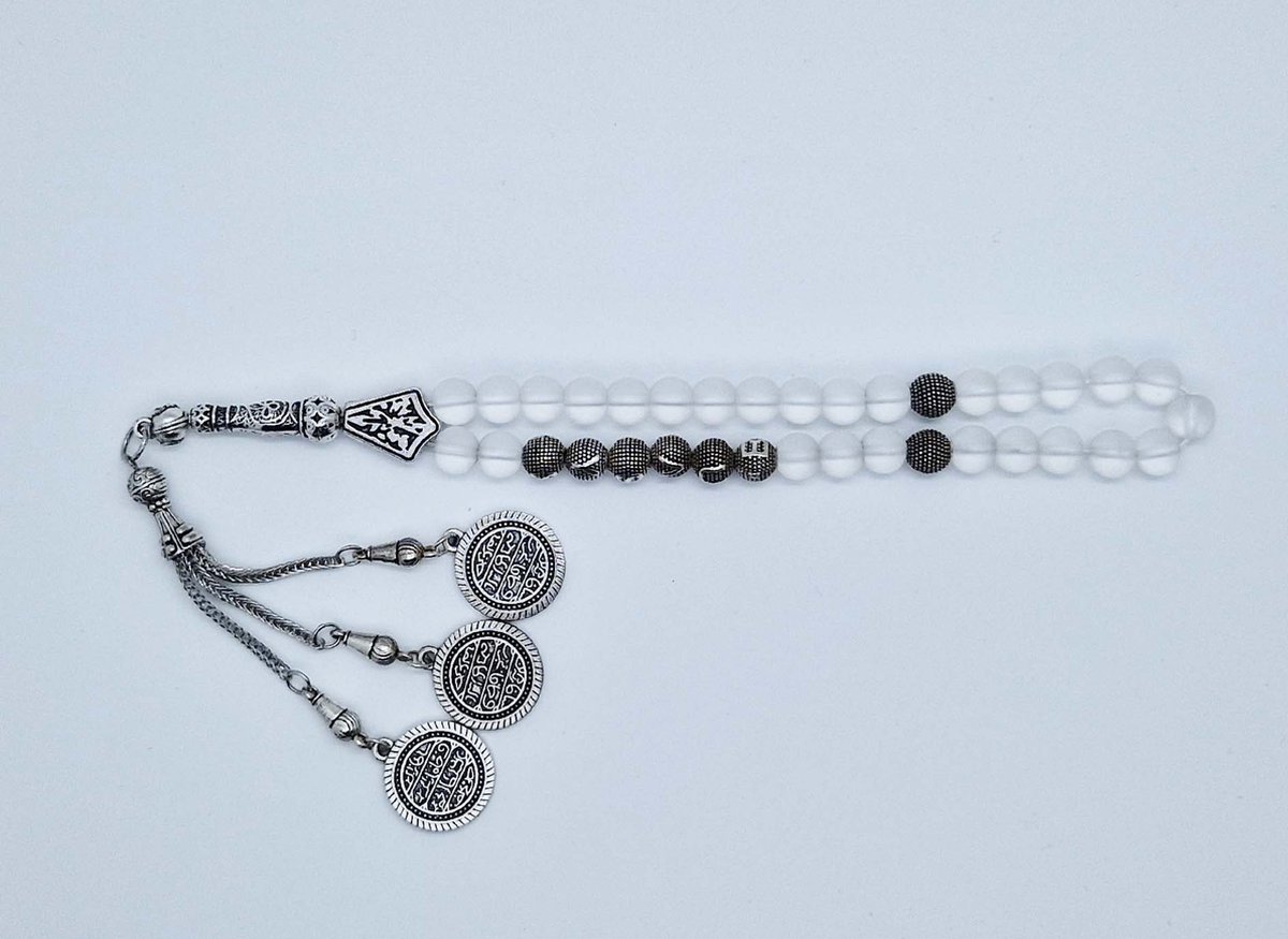 Handgemaakte naam tasbih 33 Kralen Natuursteen “Selenite” - met metaal tassel “Constantinopel