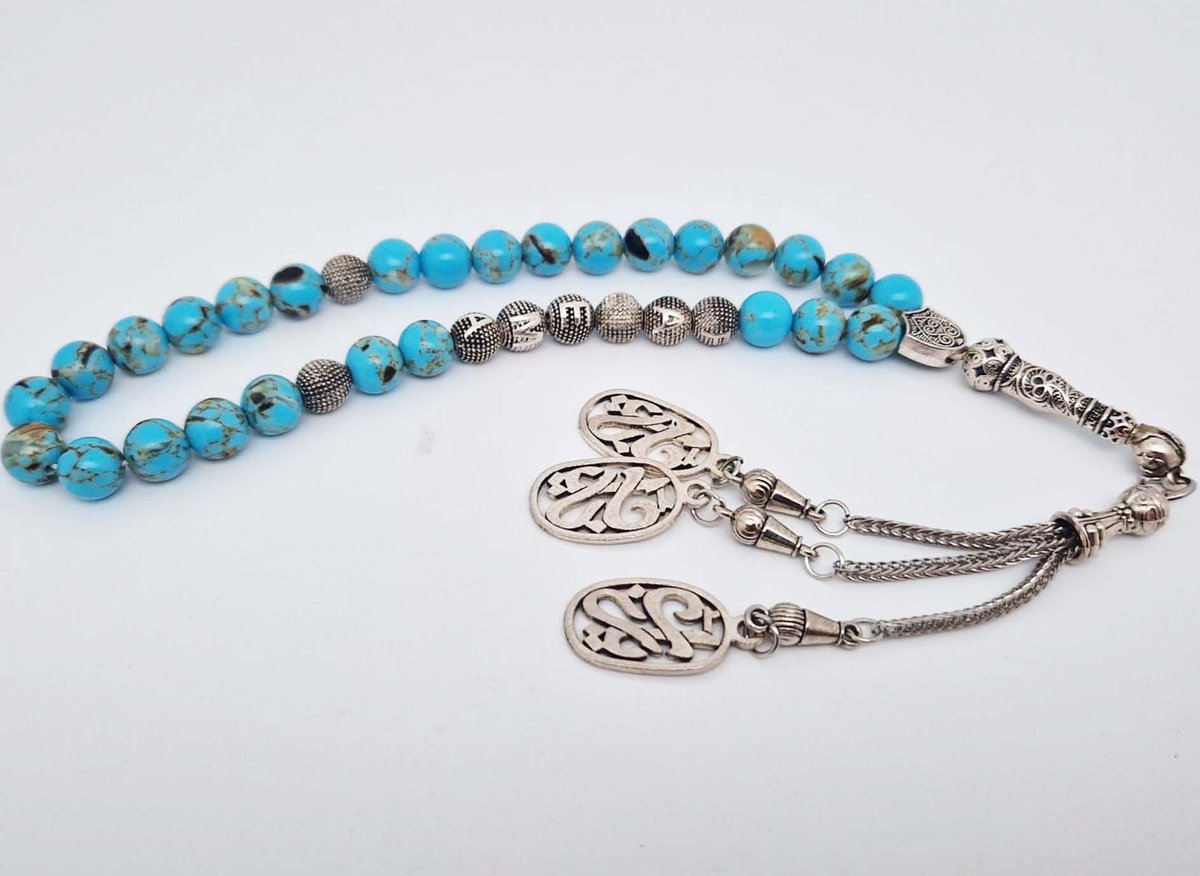 Handgemaakte naam tasbih 33 Kralen Natuursteen “Turkoois Bakeliet” - met metaal tassel- Met je naam of de naam van uw geliefde- 8 mm diameter van de korrel