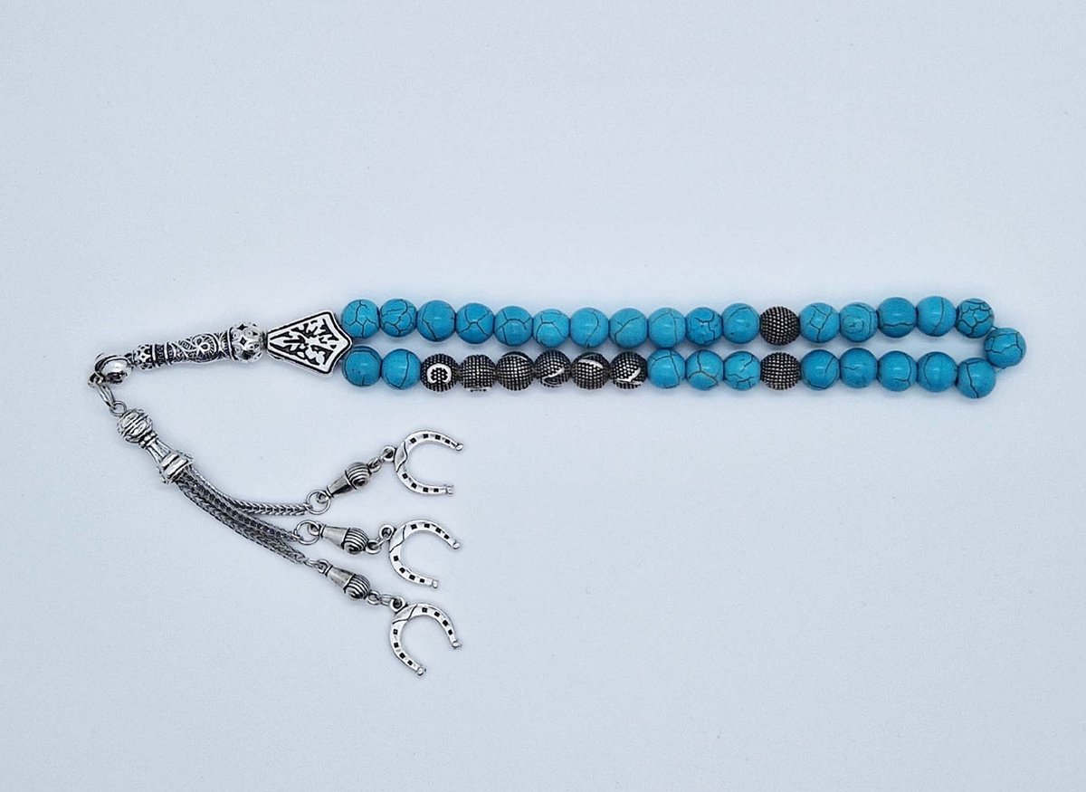 Handgemaakte naam tasbih 33 Kralen Natuursteen “Turkoois” - met metaal tassel “Hoefijzer