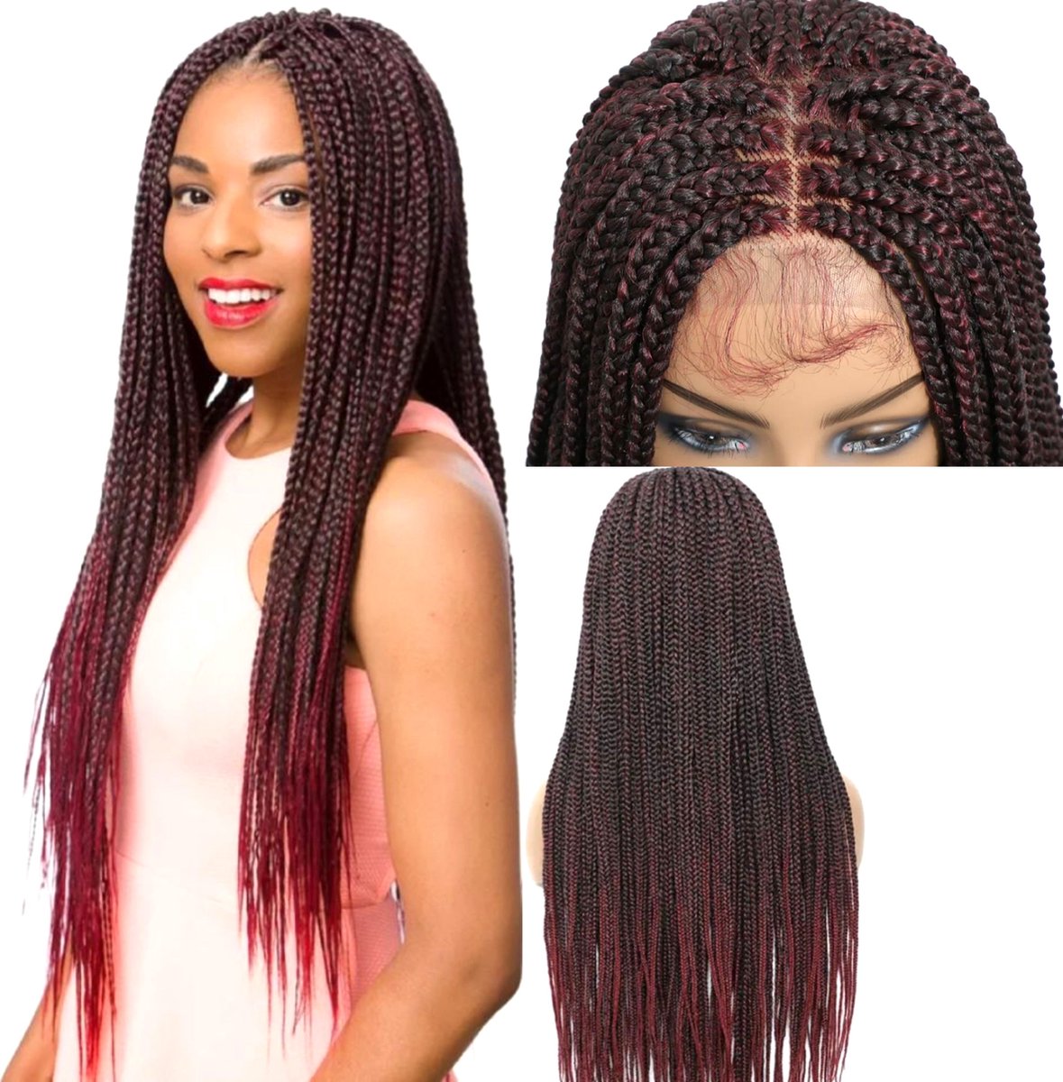 30 Inch Lange Synthetische - ombre pruik honing blonde en zwart kleur 1b/rood -Gevlochten pruik- vlechten Pruiken Extension Volledige Pruik 4x4 lace closure