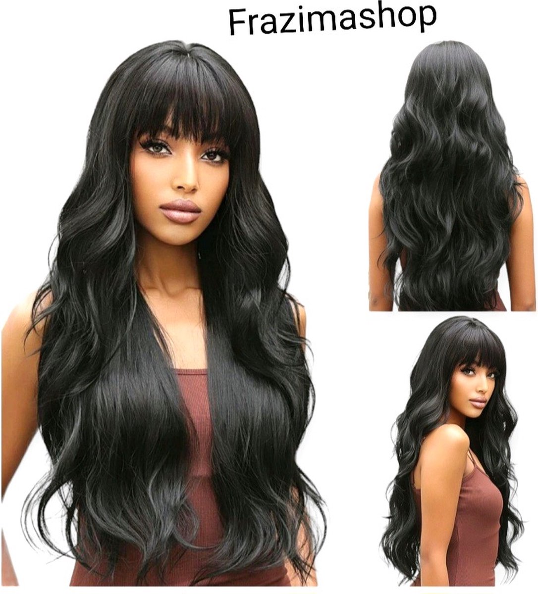 Frazimashop- Hitte Bestending Pruik - Pruiken Dames - Wig - Verstelbaar - Lang Golvend Haar - Zwart- 70 cm