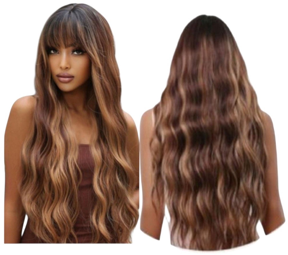 Frazimashop- Luxe Synthetische Pruik - Ombre Bruin met Uitgroei-Lang golf Haar- Pruik met pony - Pruiken Dames Lang Haar - Hitte Bestending Wig - Pruiken - 75 cm- Haarstuk-