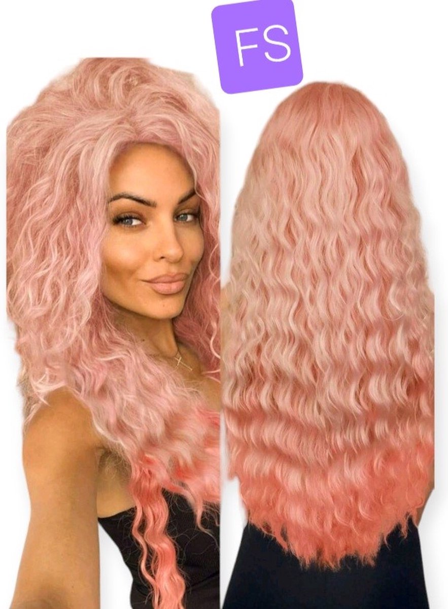 Frazimashop -Luxe lang Krul Dames Pruiken - 28 inch 70 cm Hitte Bestending Pruiken - lang Krullen pruik - Dames pruiken -Kleur ombre roze