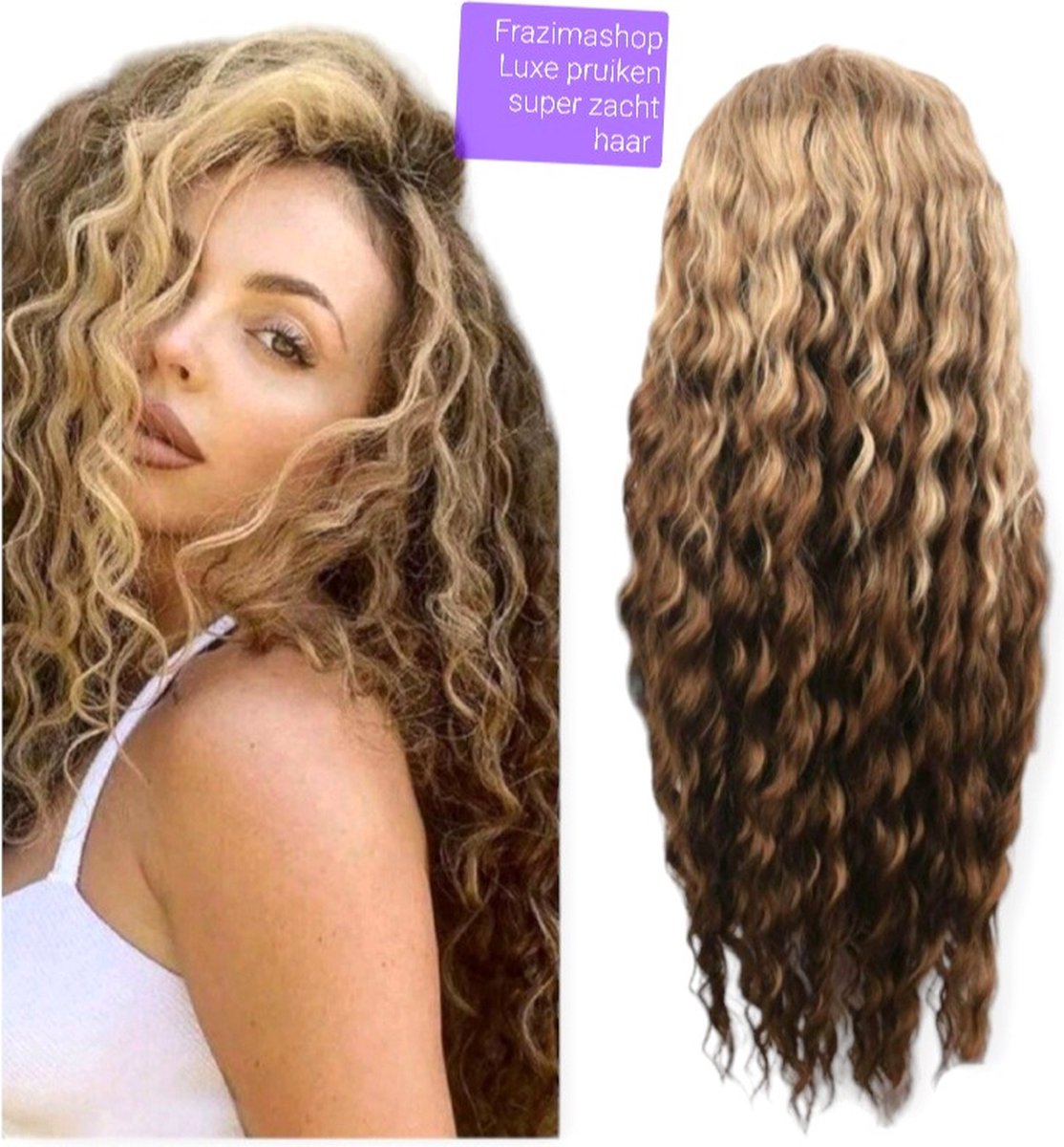 Frazimashop -Luxe lang Krul Dames Pruiken -28 inch 70 cm Hitte Bestending Pruiken - lang Krullen pruik - Dames pruiken -Kleur ombre bruineeur mix grijs en wit