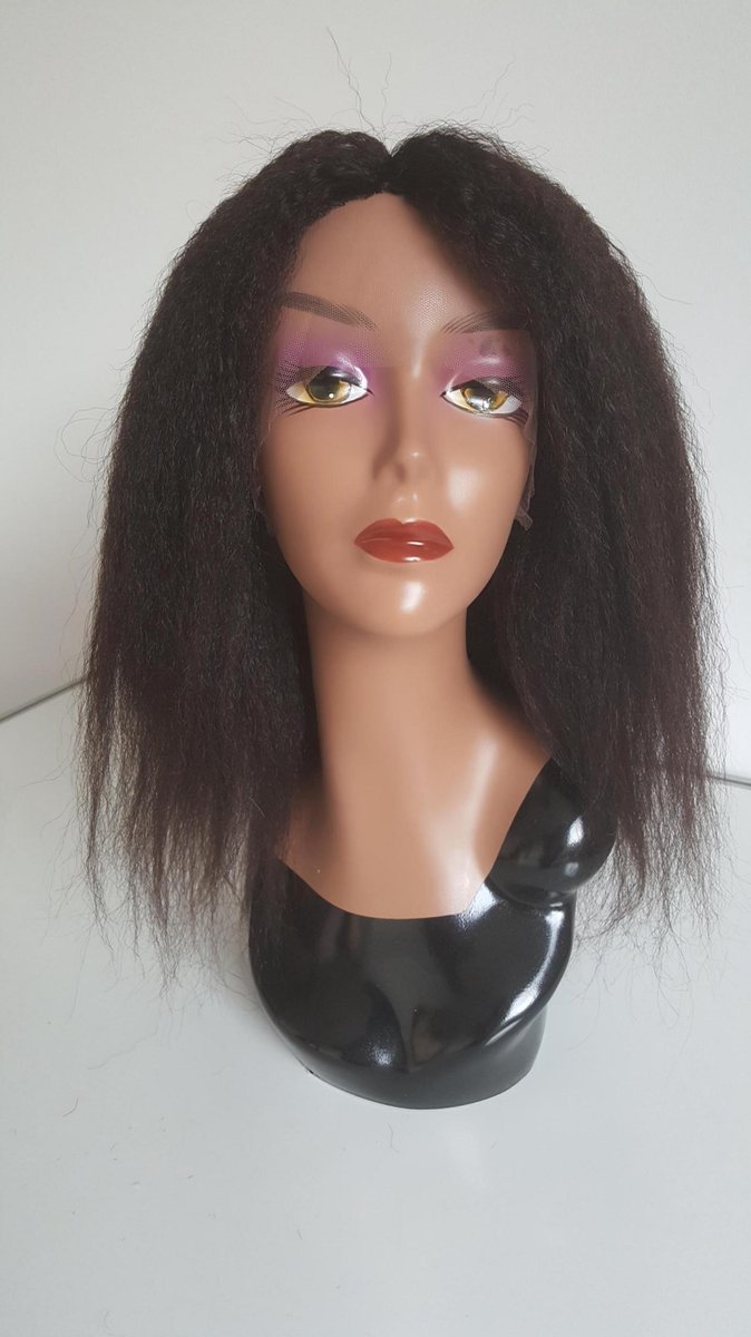 Braziliaanse Remy pruik - donkerbruine kinky rechte pruik 20 inch - real human hair - echte menselijke haren