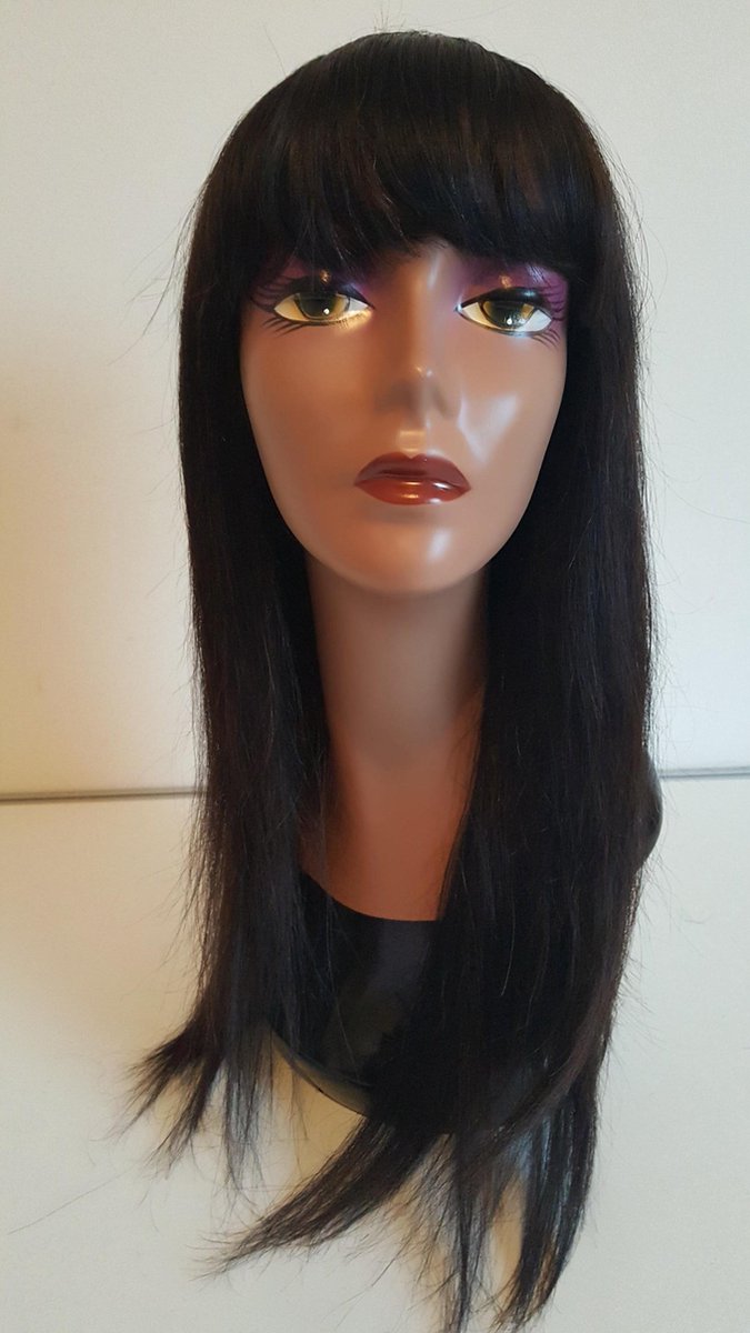 Braziliaanse Remy pruik 22 inch - donkerbruine rechte pruik met pony - Braziliaanse pruik - Braziliaanse haren - real human hair - echte menselijke haren - none lace pruik