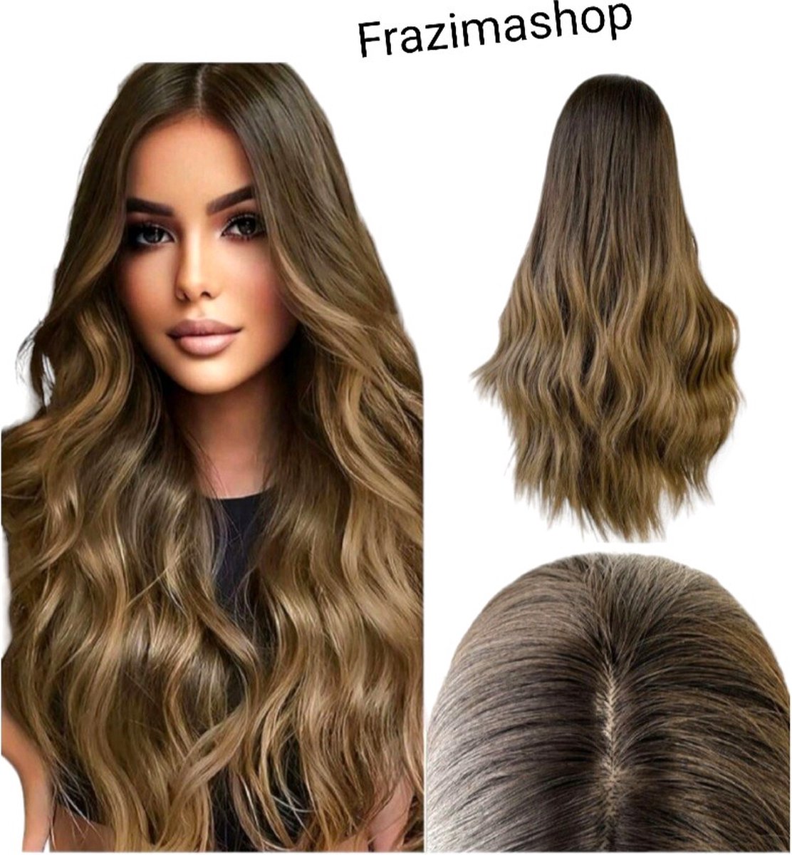 Frazimashop- Hittebestendige - Pruiken Dames-Lang golf haar- kleur bruin- Hoge kwaliteit synthetische pruik -70 cm.