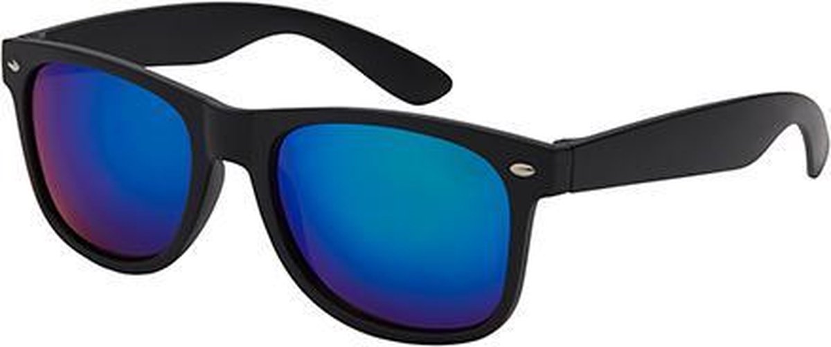 Wayfarer zonnebril mat zwart - groen blauwe spiegel lenzen