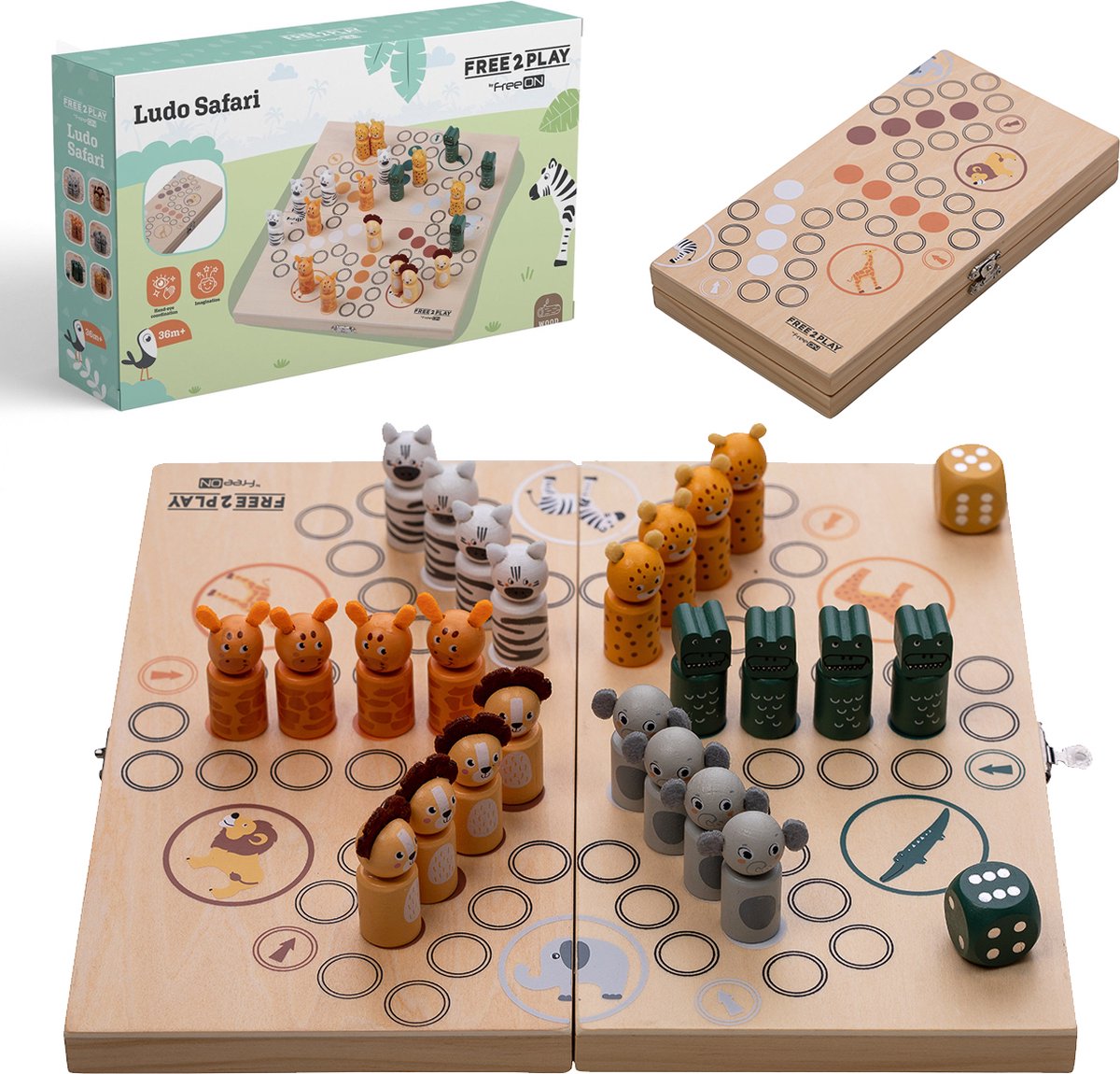 Free2Play by FreeON - Houten Ludo Bordspel voor kinderen & Volwassenen - Gezelschapspel - Safari Dieren