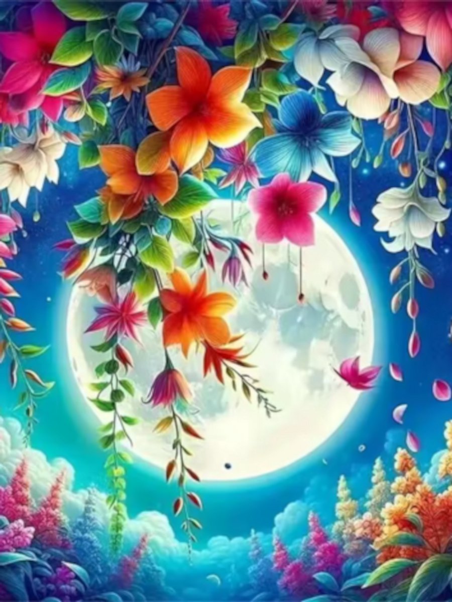 Diamond painting Bloemen maan 30x40cm ronde steentjes