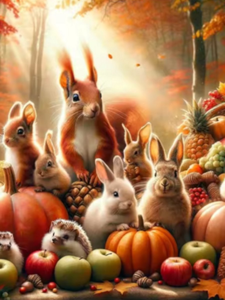 Diamond painting Eekhoorn egel konijn herfst 30x40cm vierkante steentjes