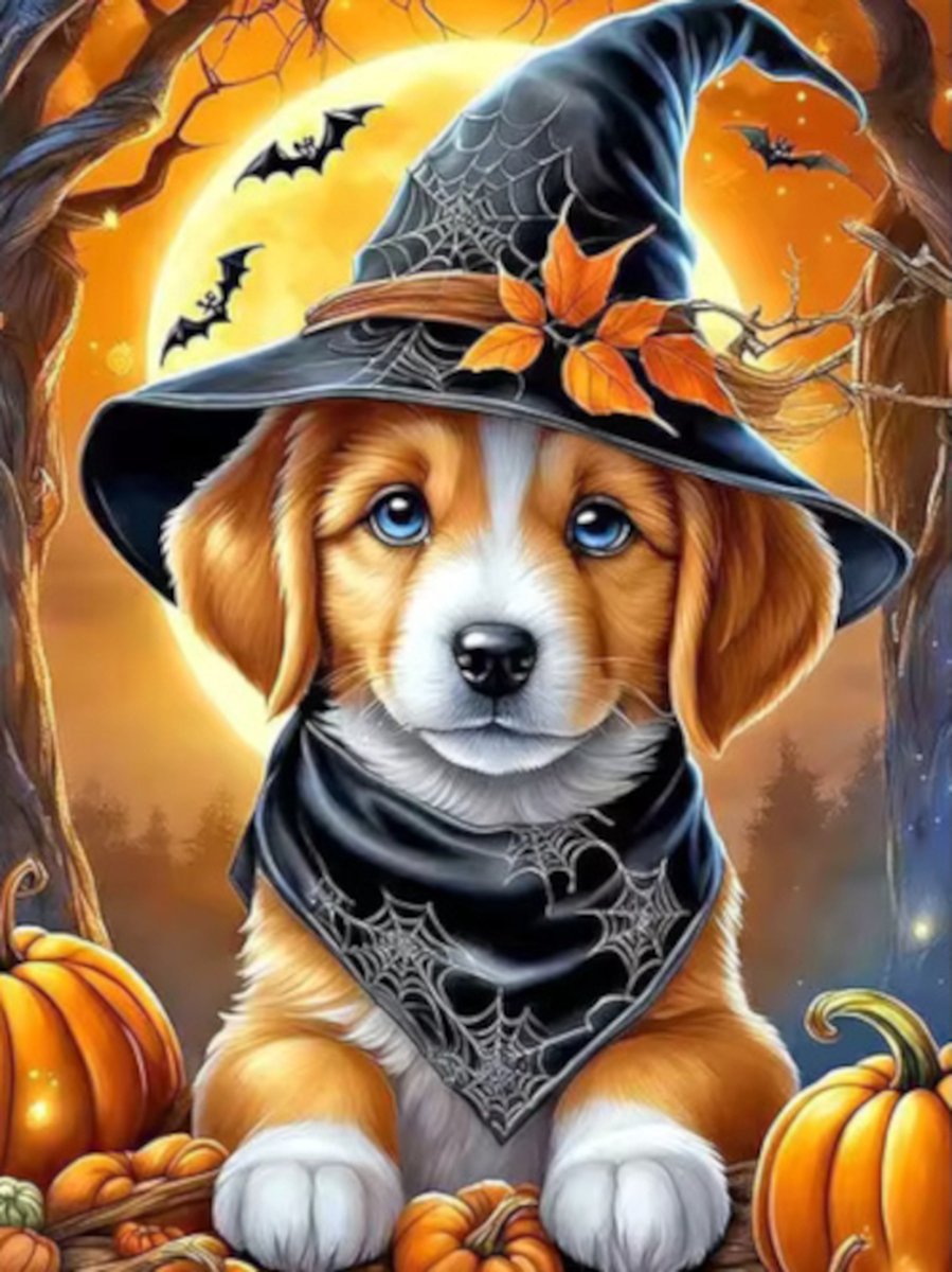 Diamond painting Halloween hond heksenhoed 30x40cm vierkante steentjes