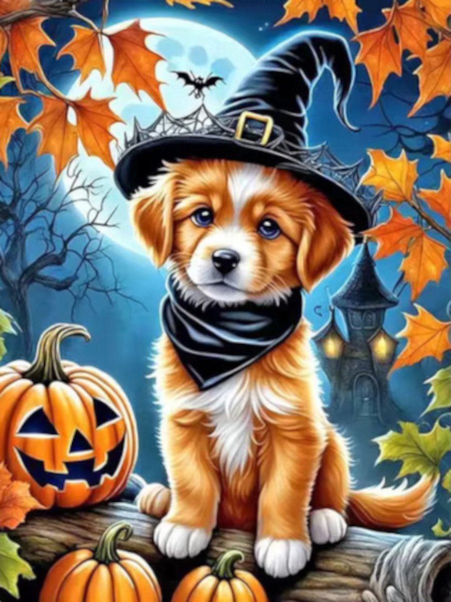 Diamond painting Halloween hond pompoen 30x40cm vierkante steentjes