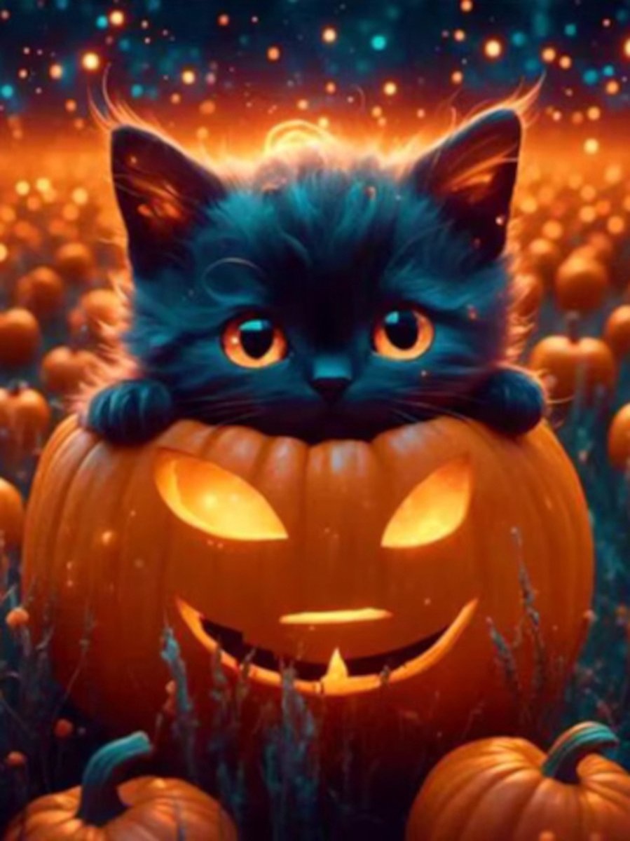 Diamond painting Halloween kitten pompoen 30x40cm vierkante steentjes