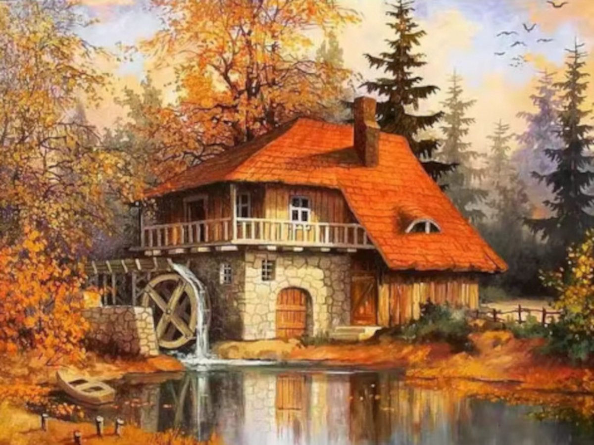 Diamond painting Herfst huis landschap 30x40cm vierkante steentjes