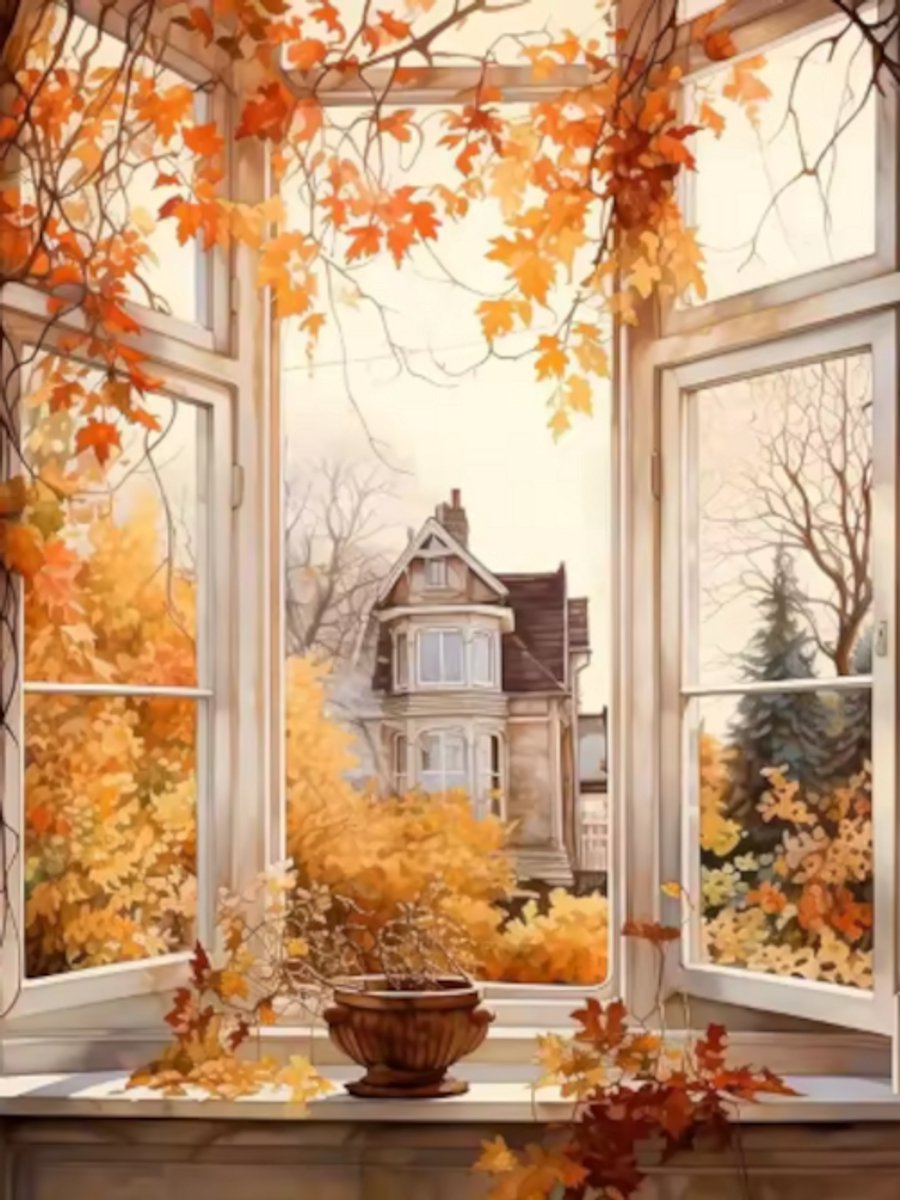 Diamond painting Herfst raam huis 30x40cm vierkante steentjes