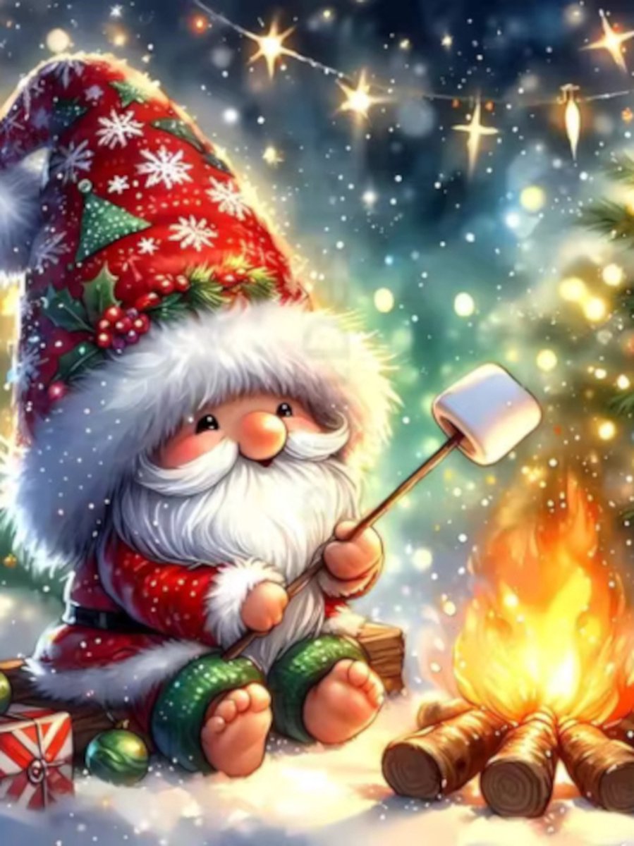 Diamond painting Kerst kabouter kampvuur 30x40cm vierkante steentjes