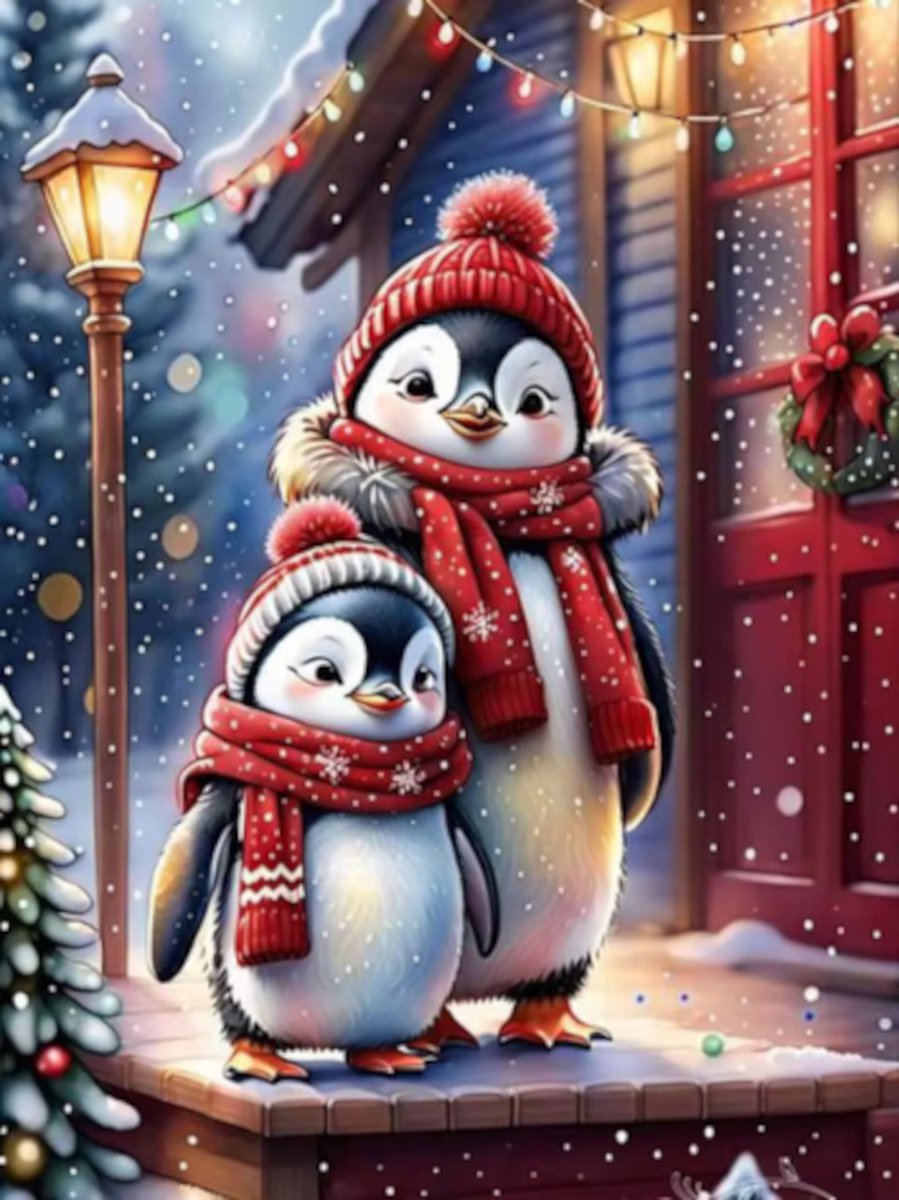 Diamond painting Kerst winter pinguins 30x40cm vierkante steentjes