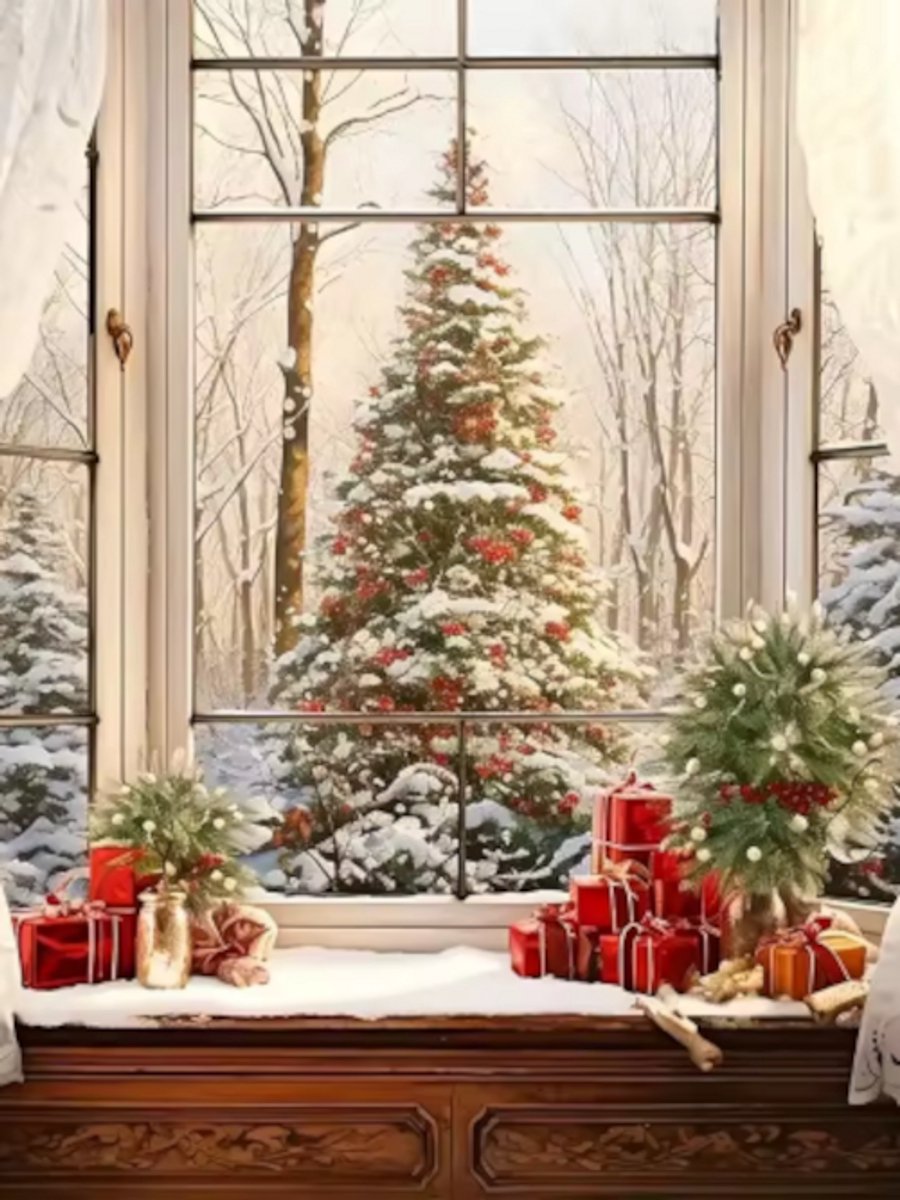Diamond painting Raam winter kerstboom 30x40cm vierkante steentjes