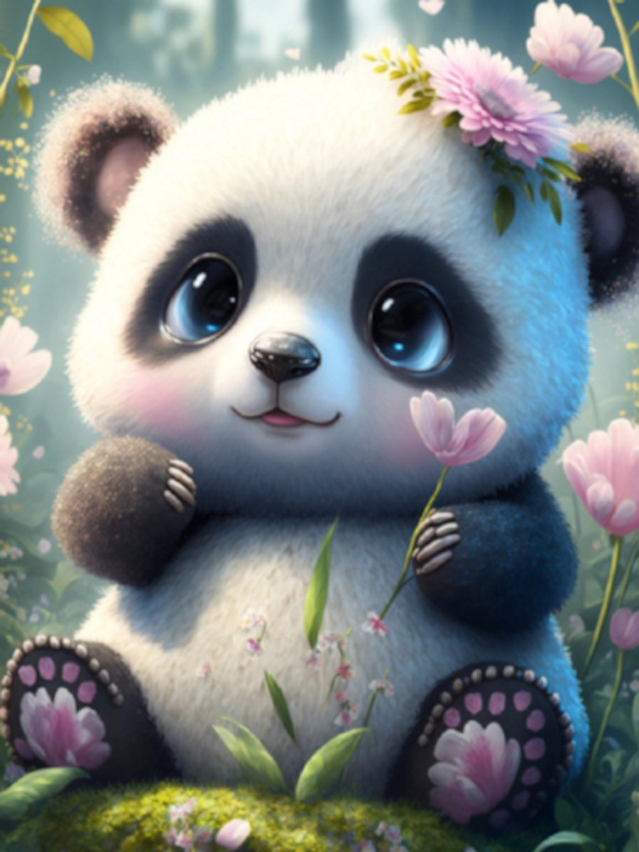 Diamond painting Schattige panda bloemen 30x40cm vierkante steentjes