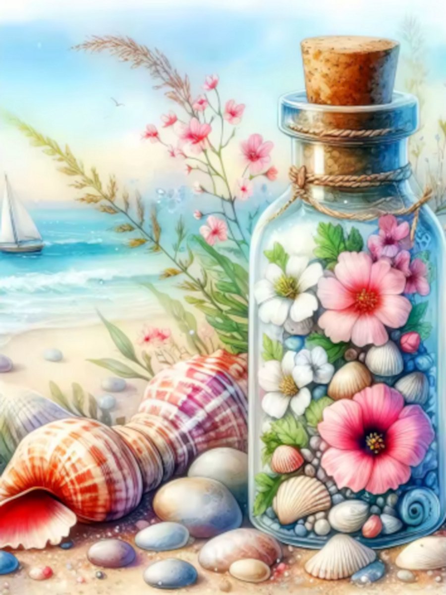 Diamond painting Strand flesje bloemen 30x40cm ronde steentjes