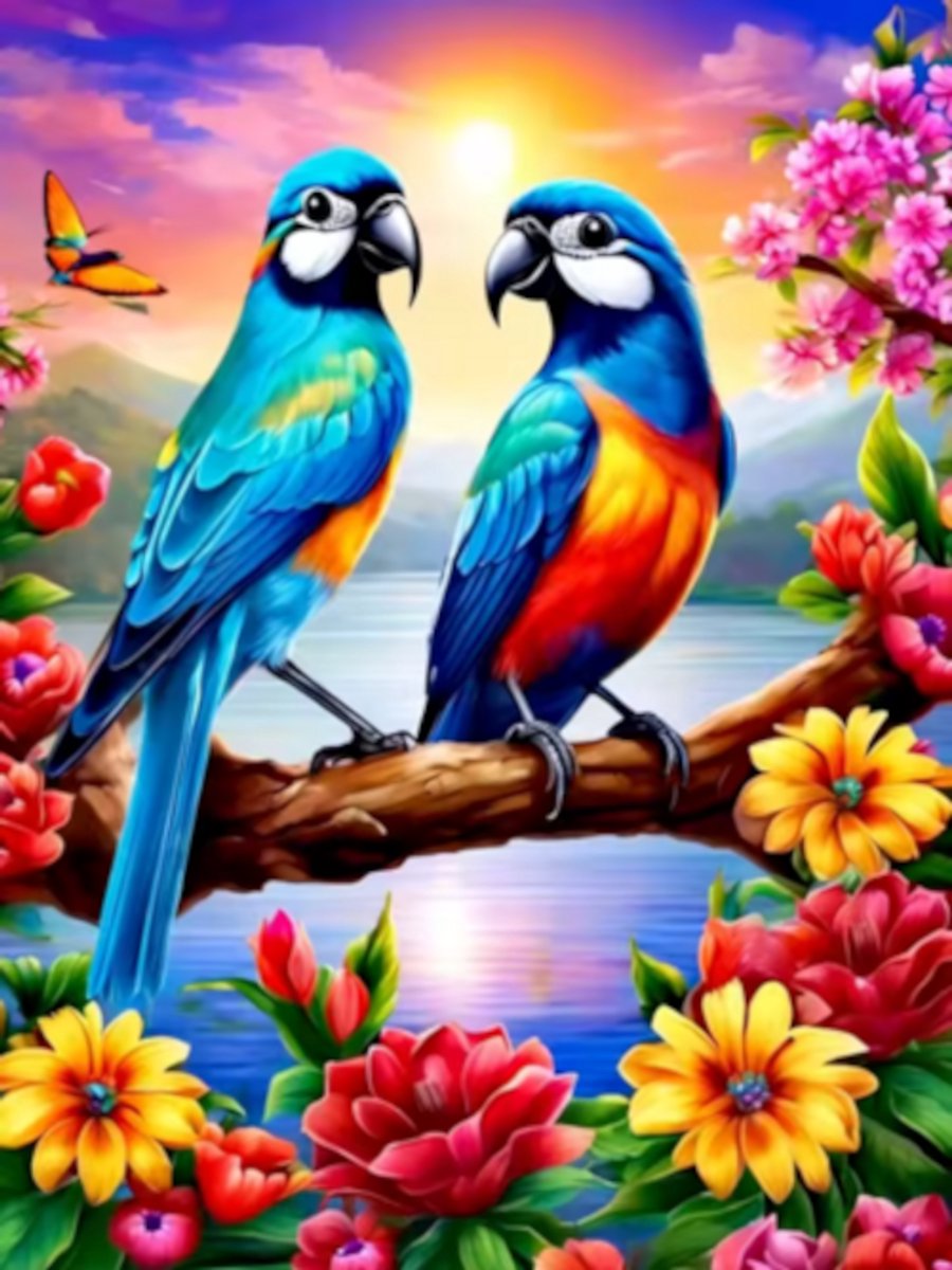 Diamond painting Vogels bloemen 30x40cm ronde steentjes