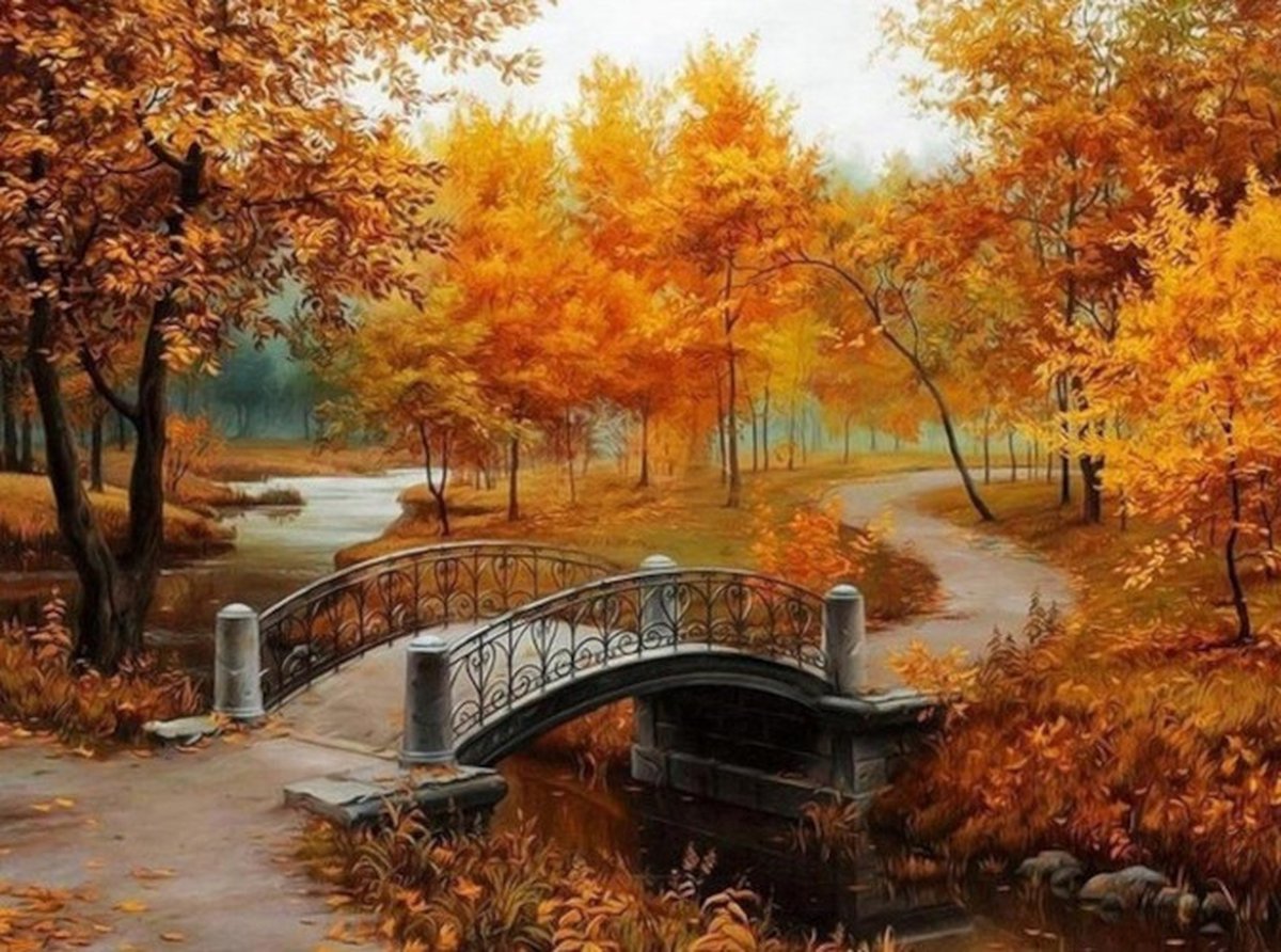 Diamond painting herfst landschap brug 30x40cm vierkante steentjes