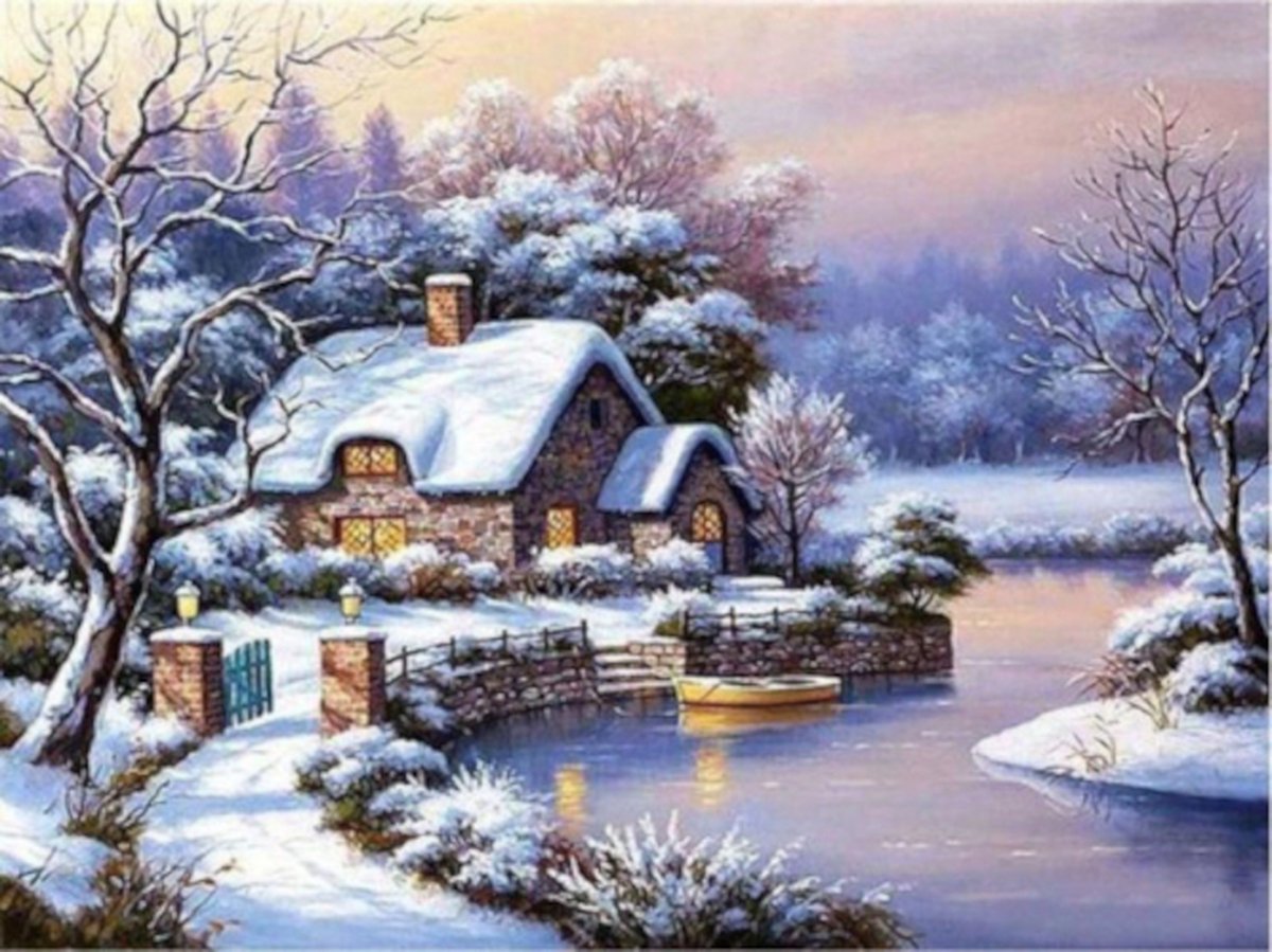 Diamond painting huis aan water winter bootje 30x40cm vierkante steentjes