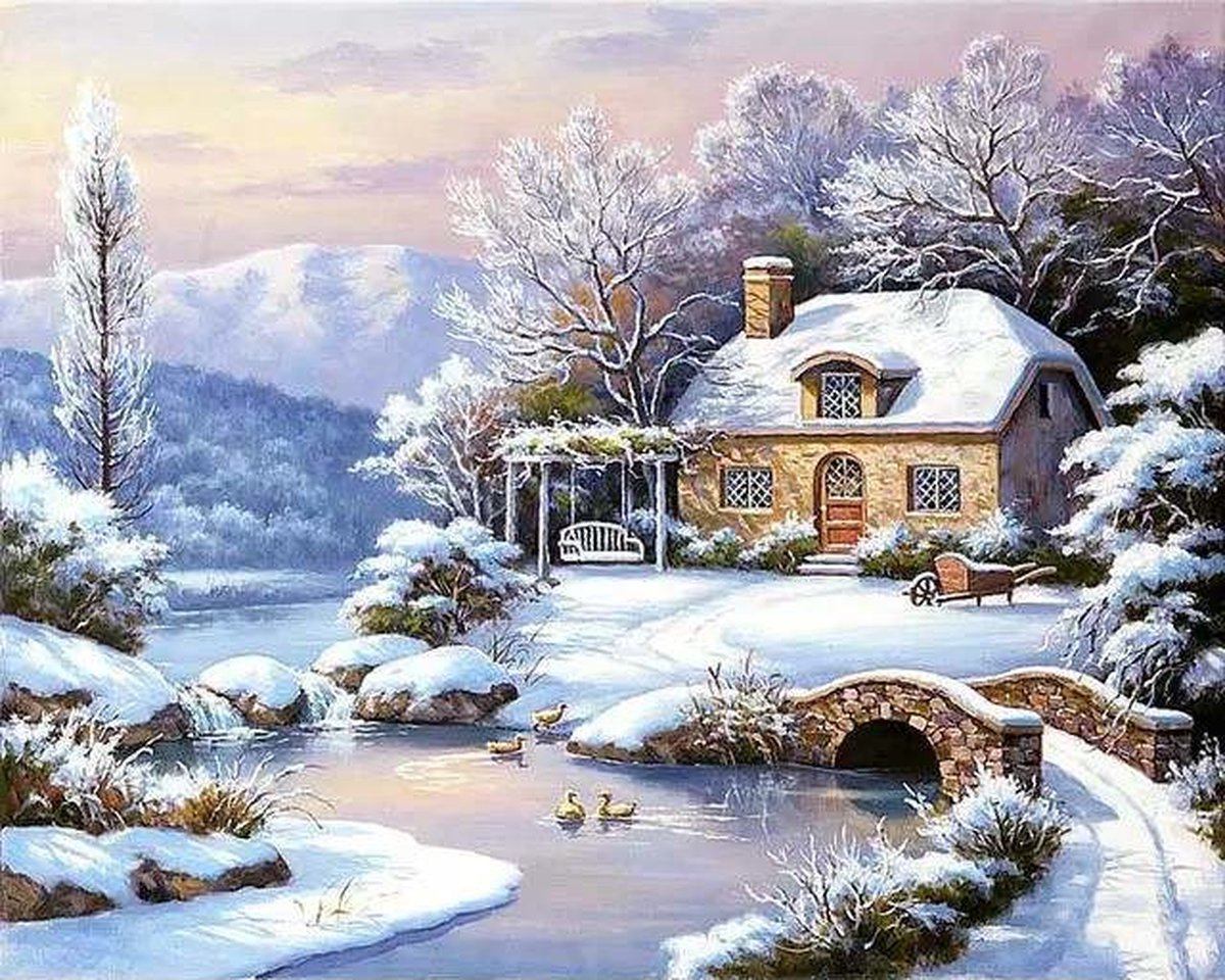 Diamond painting winterlandschap huis bos 30x40cm vierkante steentjes