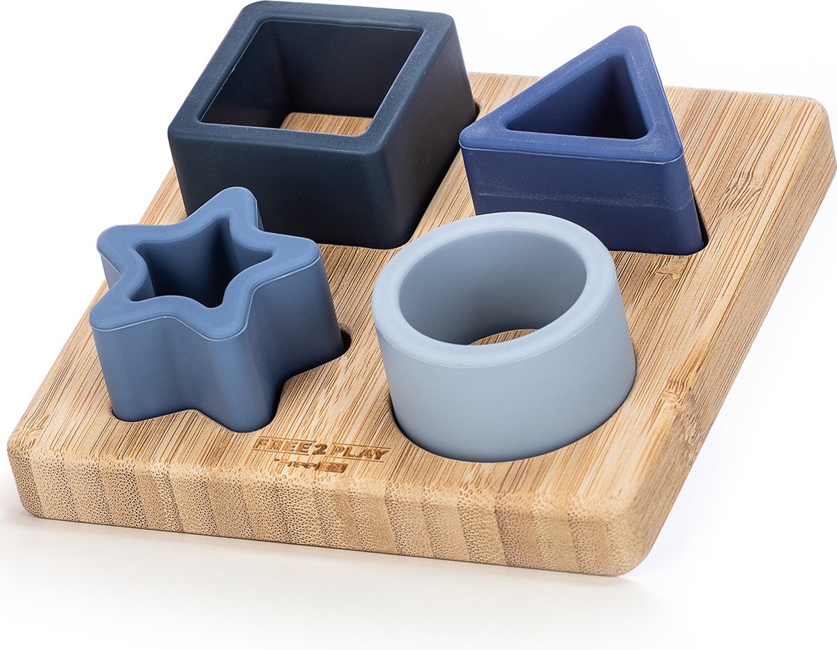 Free2Play by FreeON Houten vormenpuzzel met siliconen vormen - Babypuzzel - Vormenstoof - Blauw
