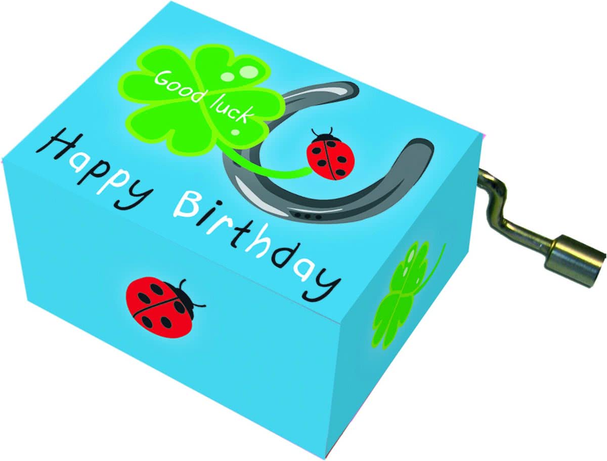 Fridolin Muziekdoosje:  happy birthday hoefijzer, klaverblad, lieveheersbeestje