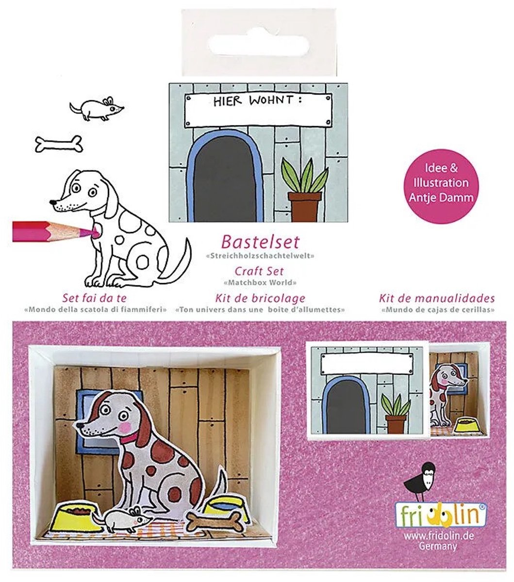 Fridolin knutselset luciferdoosje hond met bak creatief speelgoed.