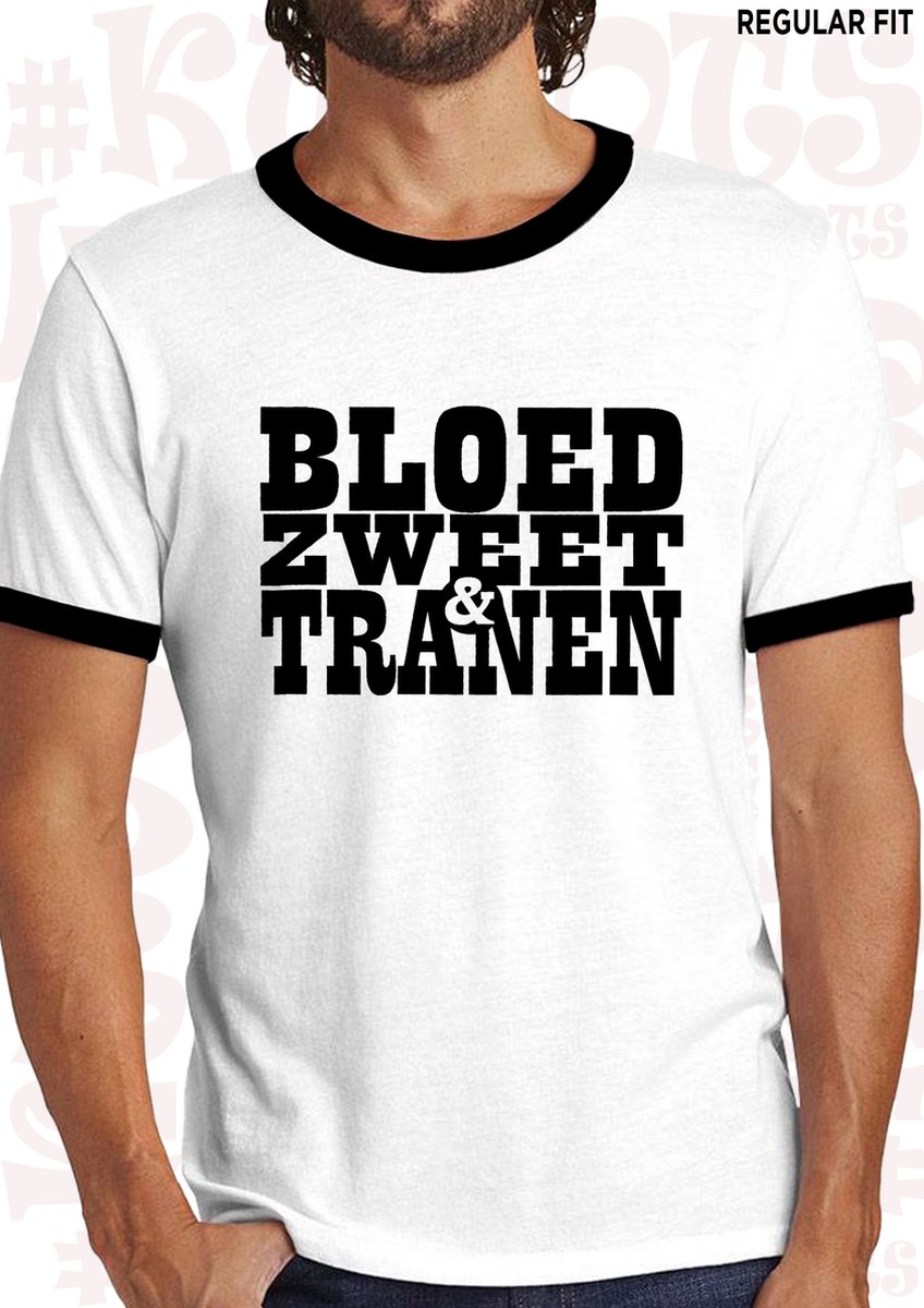 BLOED, ZWEET & TRANEN heren t-shirt - Wit met zwart - Maat S - Korte mouwen - Ronde hals - Andre Hazes - Holland zingt Hazes - Quotes - Kwoots - Meezingen met klassiekers - Regular Fit