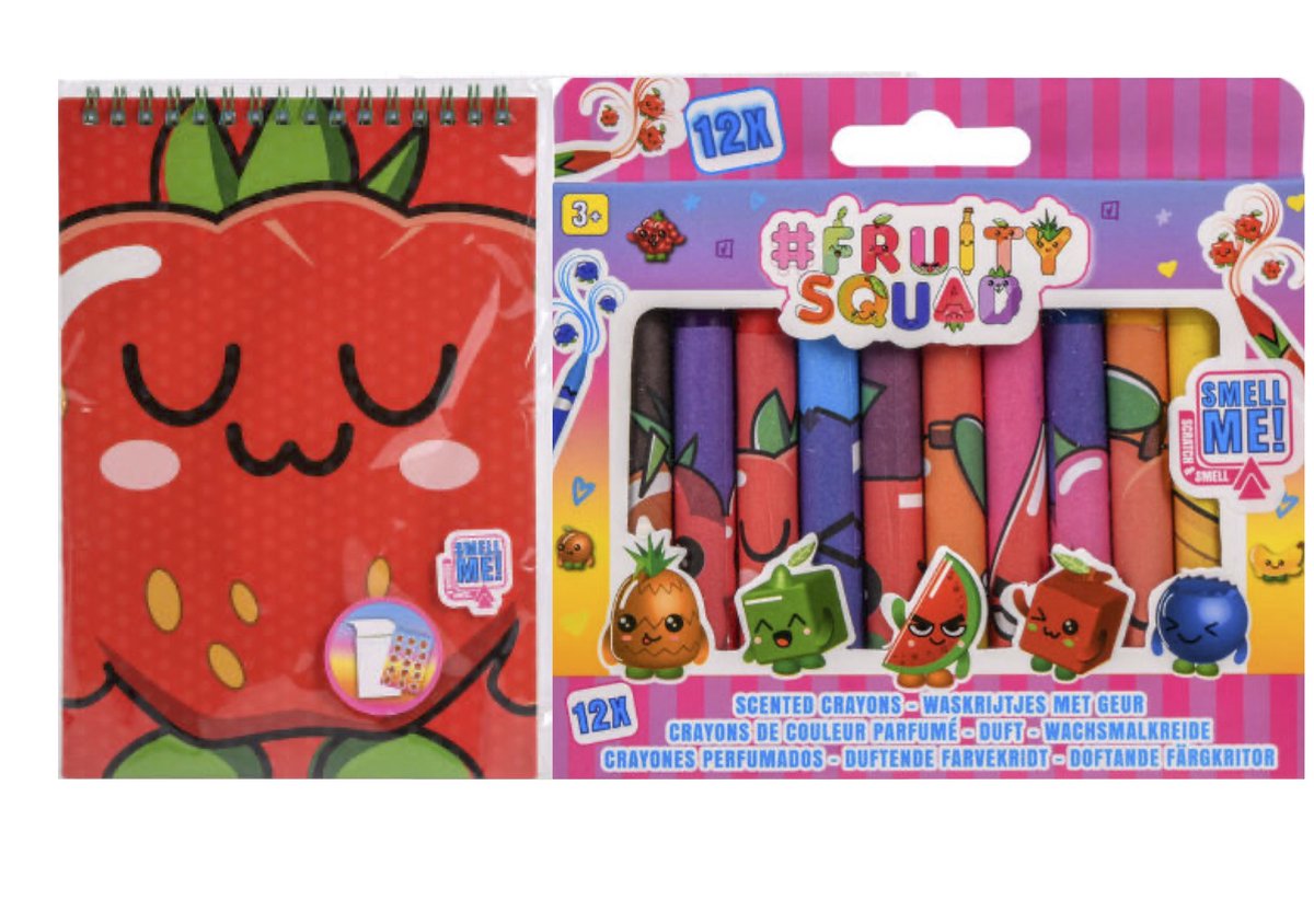 Fruity-squad 12 krijtjes met geur + kleurboek met stickers voordeelpakket
