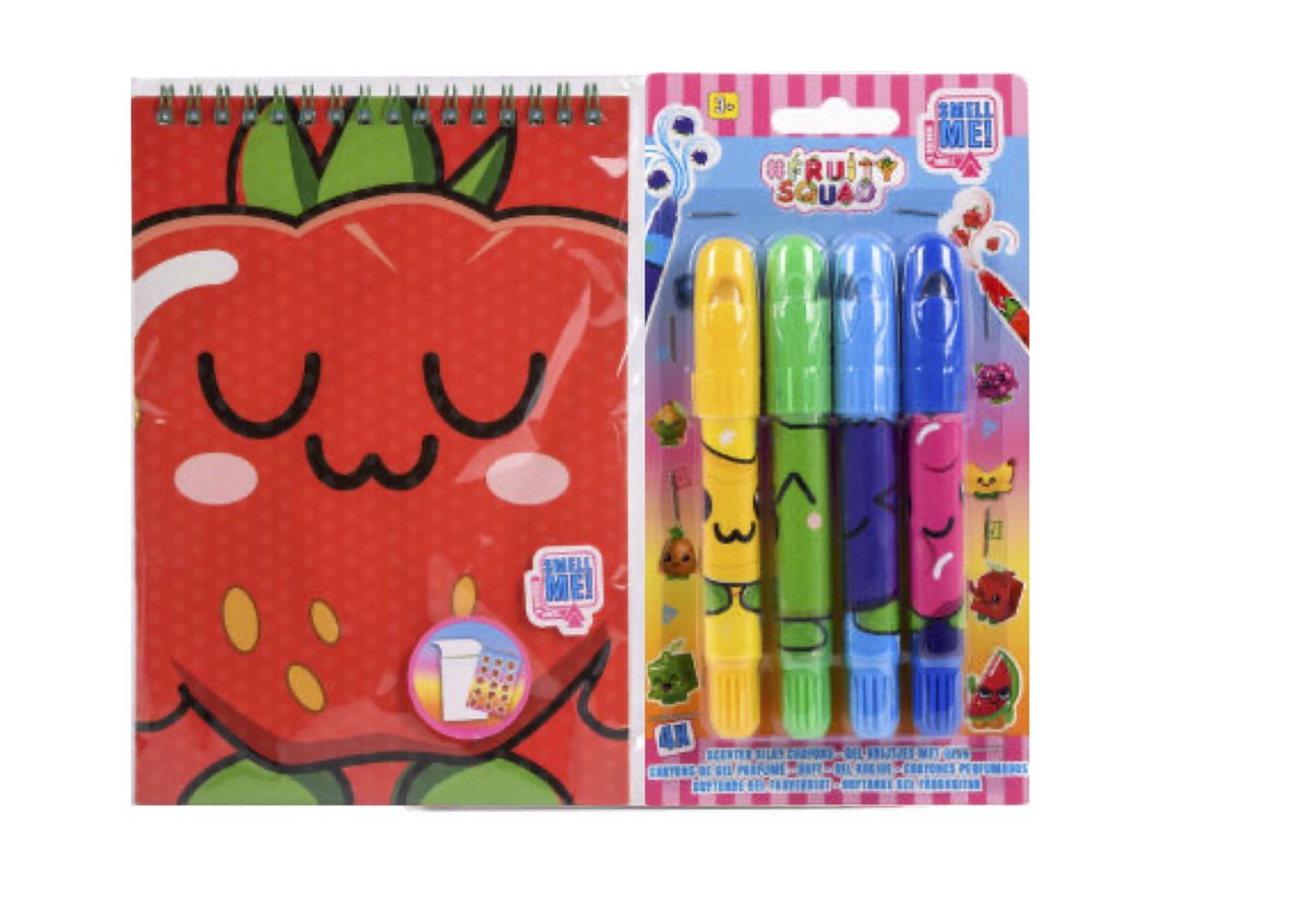 Fruity-squad 4 krijtjes met geur + kleurboek met stickers voordeel pakket