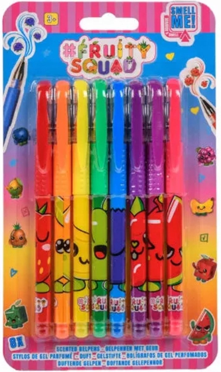 Gelpennen Met Geur - Fruity Squad - Geurpennen - 8 Stuks - Pennen met Geur - Gelpennen met Fruitgeur - Voor Jongens en Meisjes - Gelpennen voor Kinderen - Kado voor Meisjes