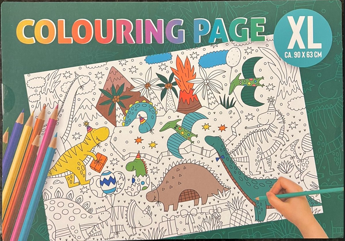 Kleurplaat XL Dino  90 cm x 63 cm heel lang kleur plezier vol met Dino