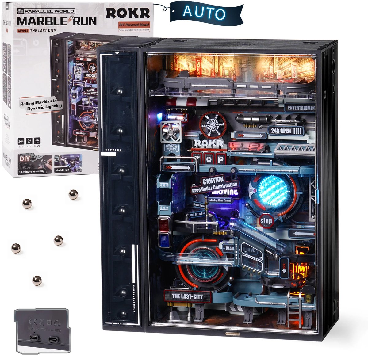 Fubzz Cyberpunk Knikkerbaan Bouwpakket - The Last City 3D Puzzel - Automatisch Modelbouw Set 23×18×7,5 cm - Futuristische USB-C Gaming Decoratie