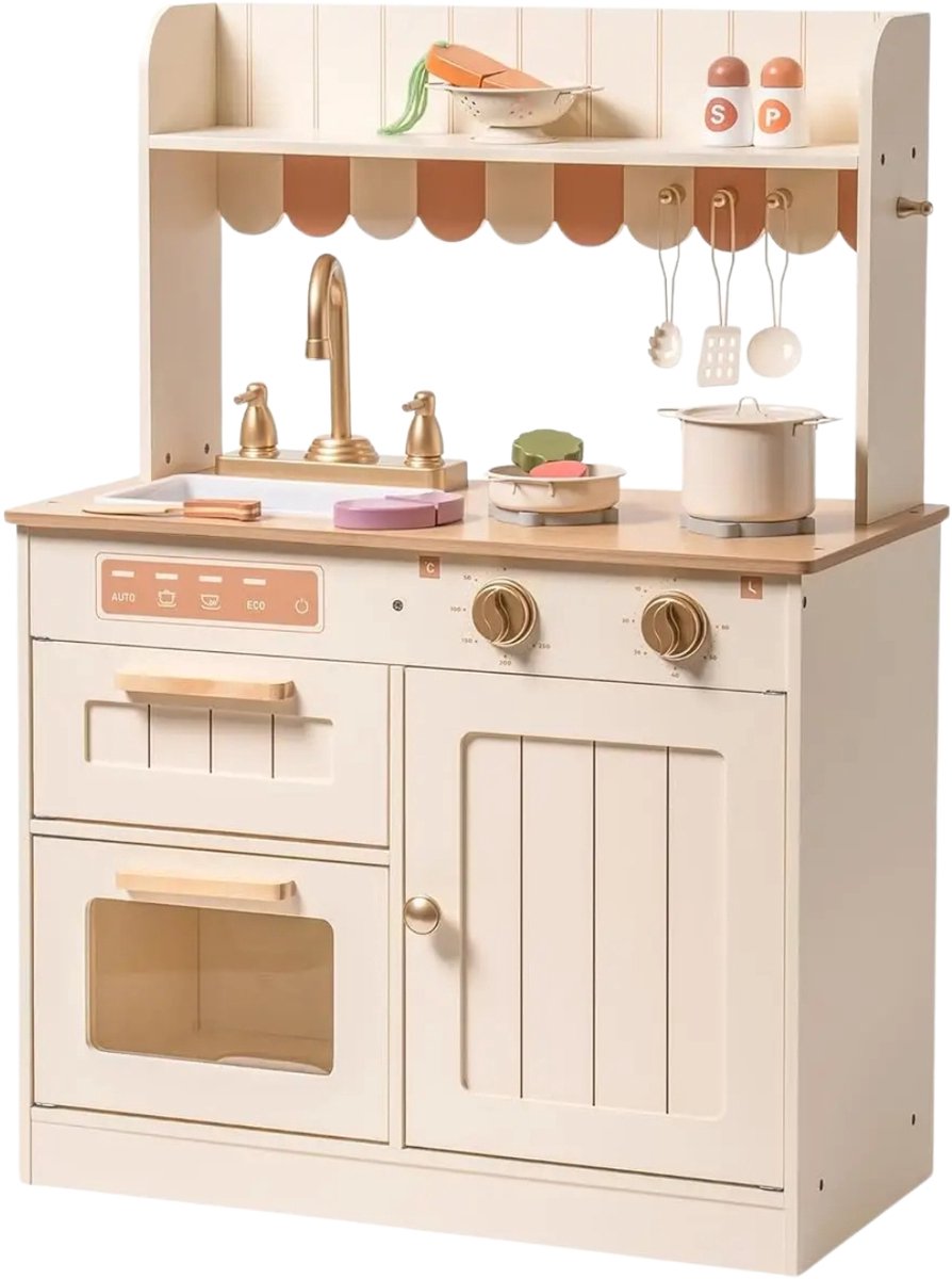 Fubzz Houten Speelkeuken - Kinderkeukenset Met Oven En Gootsteen - Realistisch Ontwerp - Compact En Veilig Speelgoed - Inclusief Pannenset, Groenten