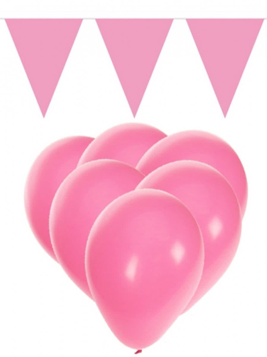 Lichtroze versiering 15 ballonnen met 2 vlaggenlijnen