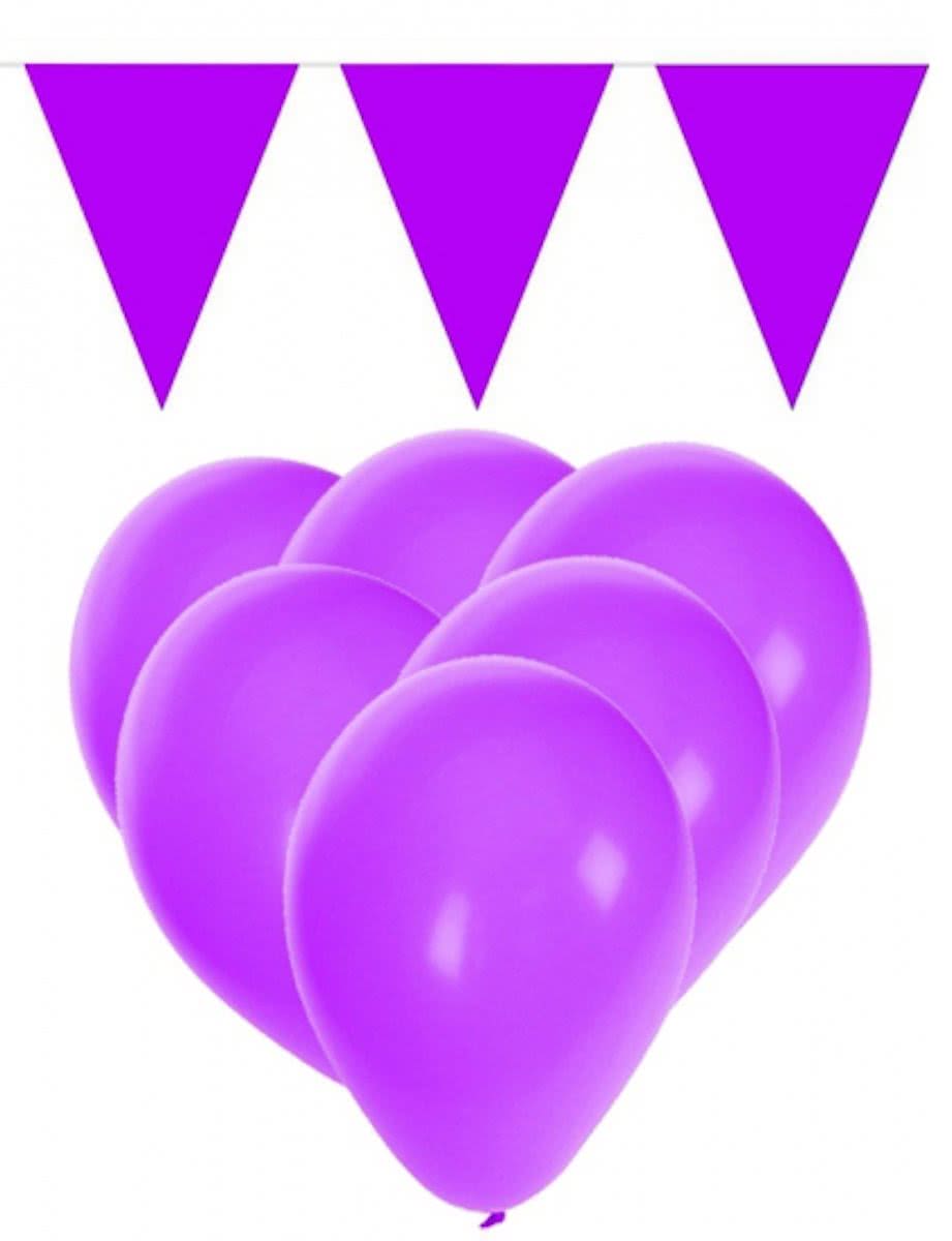 Paarse versiering 15 ballonnen met 2 vlaggenlijnen