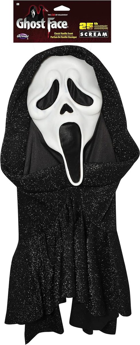 Scream Masker - Ghost Face - Special 25th Anniversary Edition - Fun World - Officieel - Gelicenseerd - Limited Edition - Collectors Item - Met extra grote zwart / zilver metaalkleurige kap - Ghostface Mask - Halloween Kostuum (Alleen Masker)