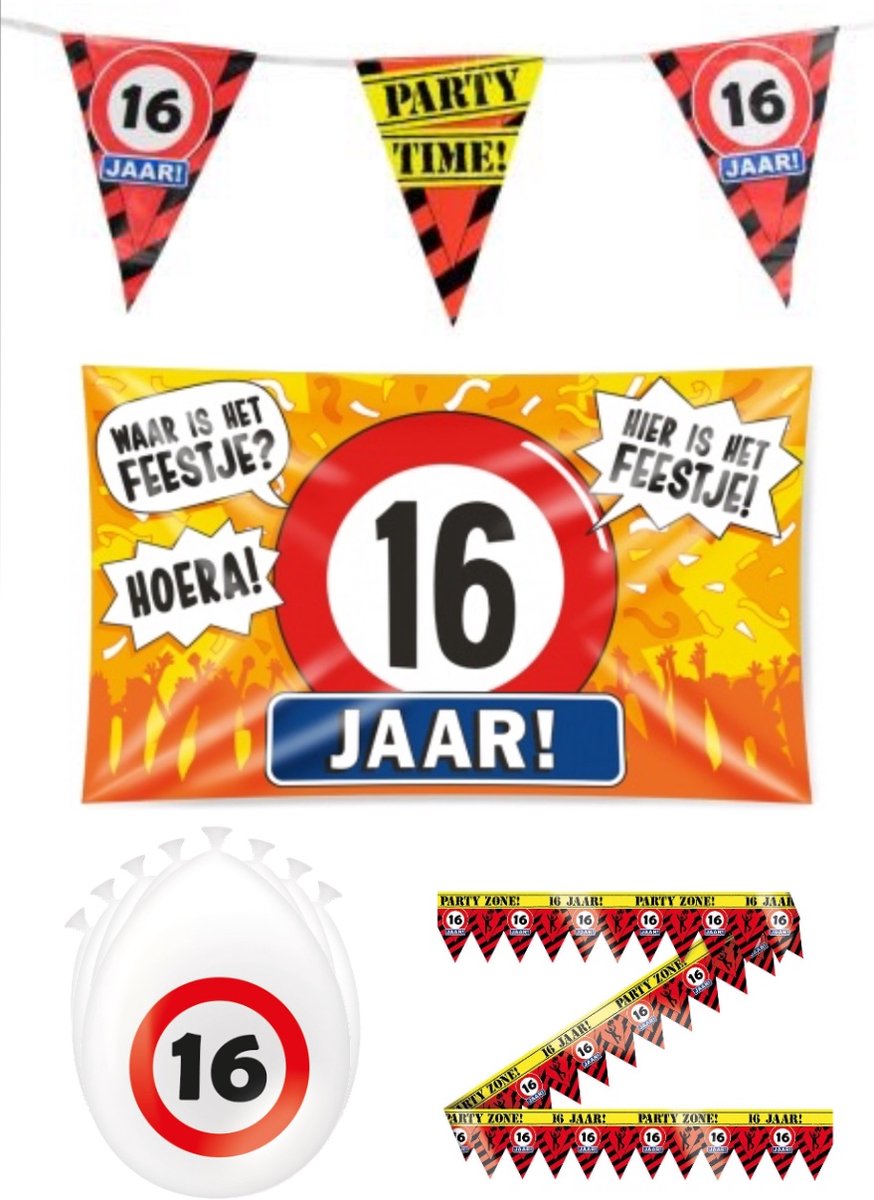 16 jaar versiering pakket - Versiering Verjaardag - Versiering 16 Jaar Verjaardag - Slingers - Gevelvlag- Ballonnen – Afzetlint