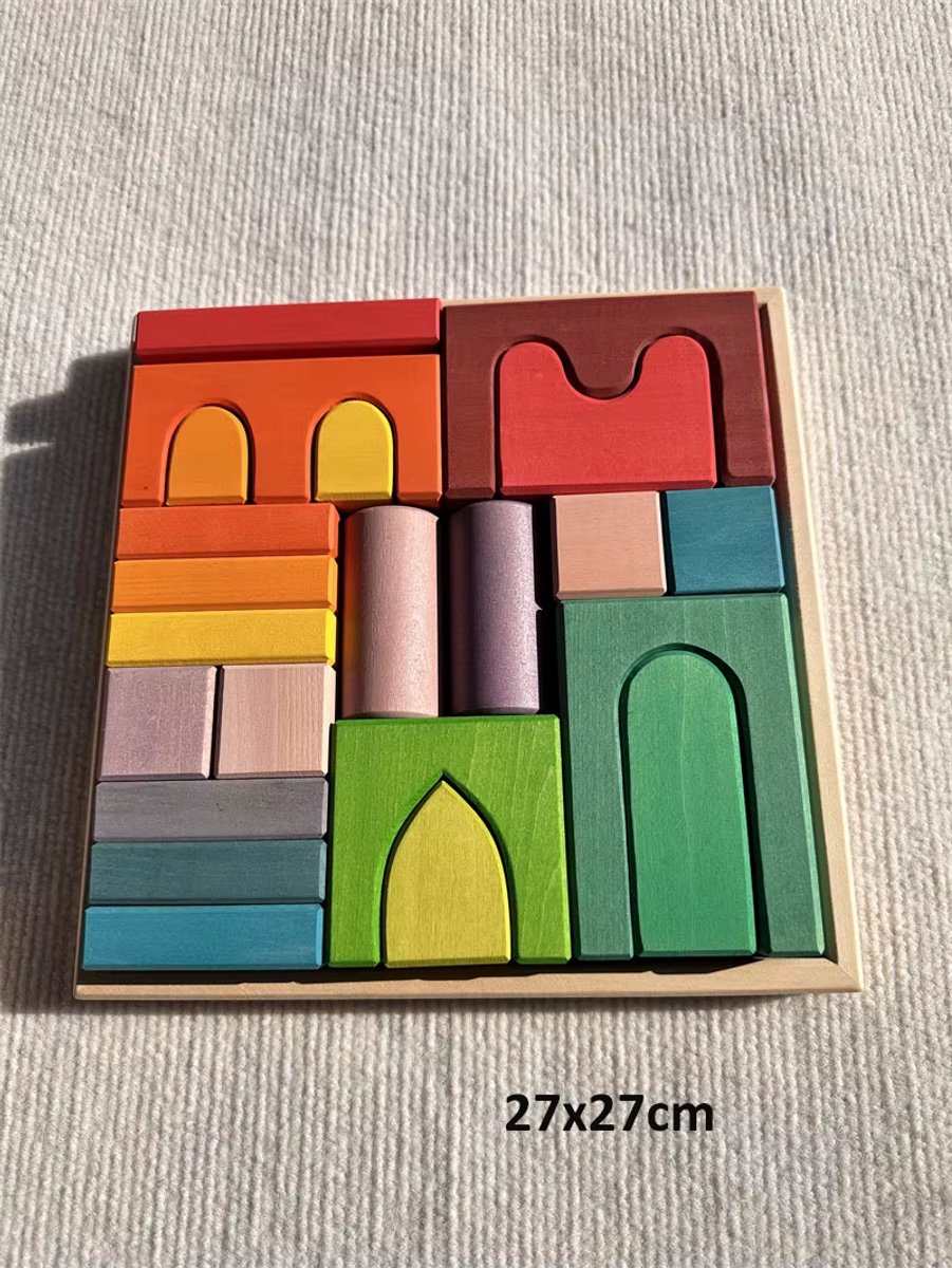 Houten blokken in tray - Regenboogkleuren - 22 blokken, 1 tray - 27 cm x 27 cm - Open einde speelgoed - Educatief montessori speelgoed - Grapat en Grimms style