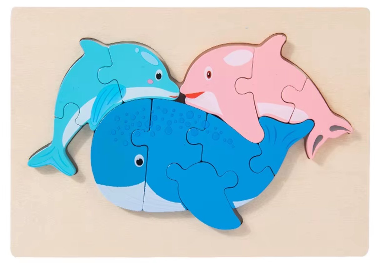 Houten dieren puzzel - Dolfijnen - 11 stukjes - Vanaf 2 jaar - Kinderpuzzel - Educatief montessori speelgoed - Grapat en Grimms style