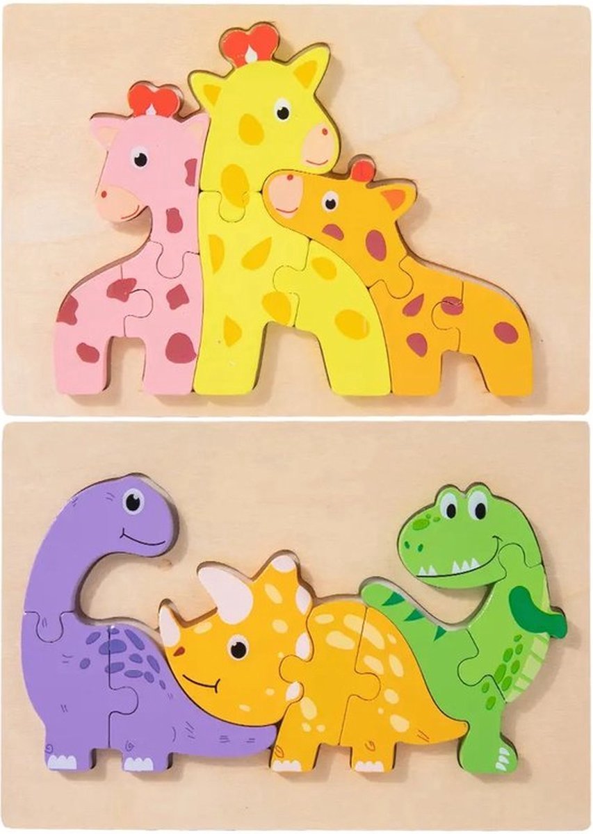 Houten dieren puzzels - Dinos en Giraffen - 8 en 9 stukjes - Vanaf 2 jaar - Kinderpuzzel - Educatief montessori speelgoed - Grapat en Grimms style